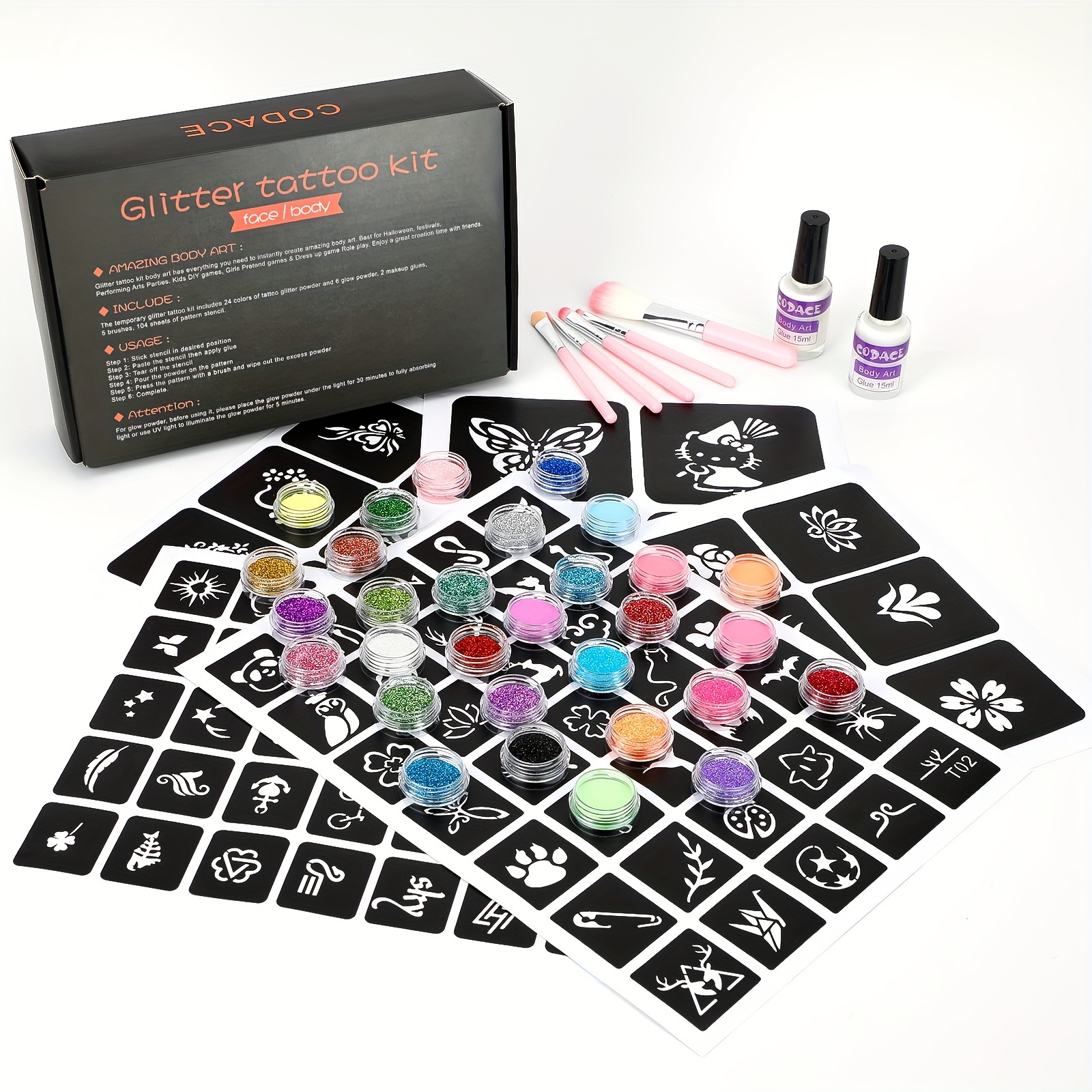 Temporary Glitter Tattoo,30 Glitter Colors, 5 unique stencils, 1 Body Glue,  5 Brushes, stickers and Rhinestones, Adults & Kids Arts Glitter Make Up  Kit, Gift for Halloween Christmas Birthday Party price in