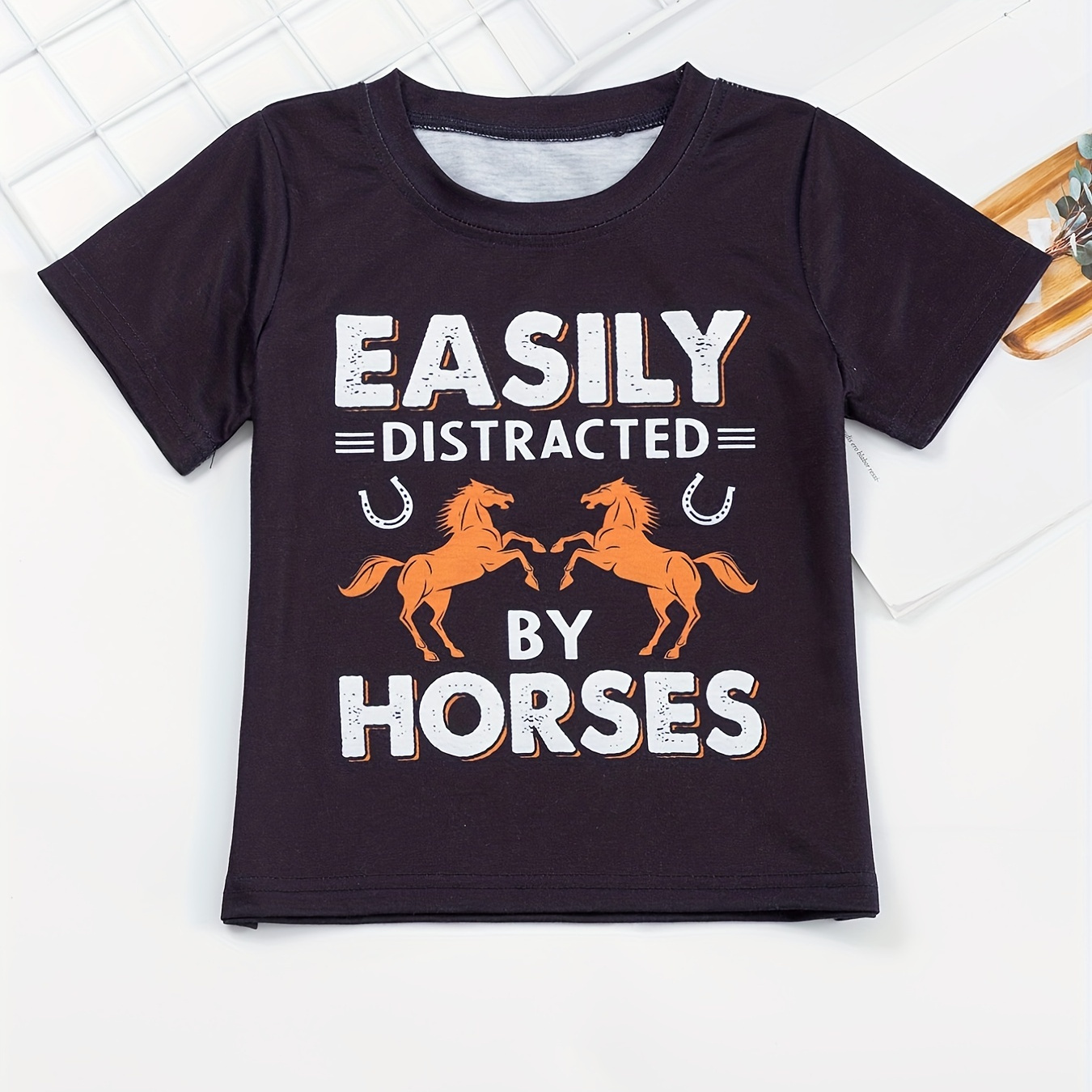 

Horse And Letter Print Boys Creative T-shirt, Casual Lightweight Comfy Short Sleeve Tee Tops, Kids Clothings For Summer