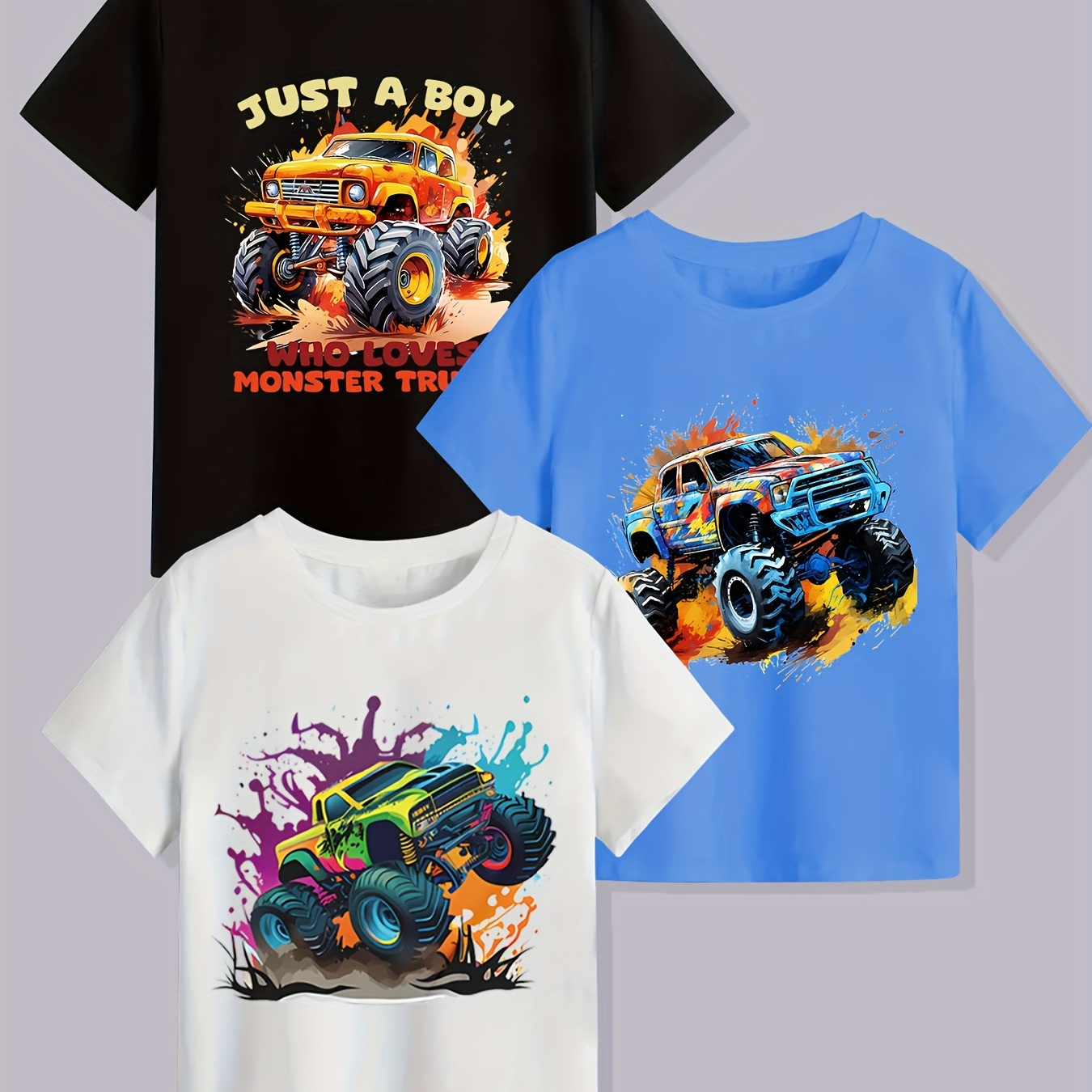 

3pcs Cool Off-road Truck Print Boys Creative T-shirt, Casual Lightweight Comfy Short Sleeve Tee Tops, Boys Clothes For Summer