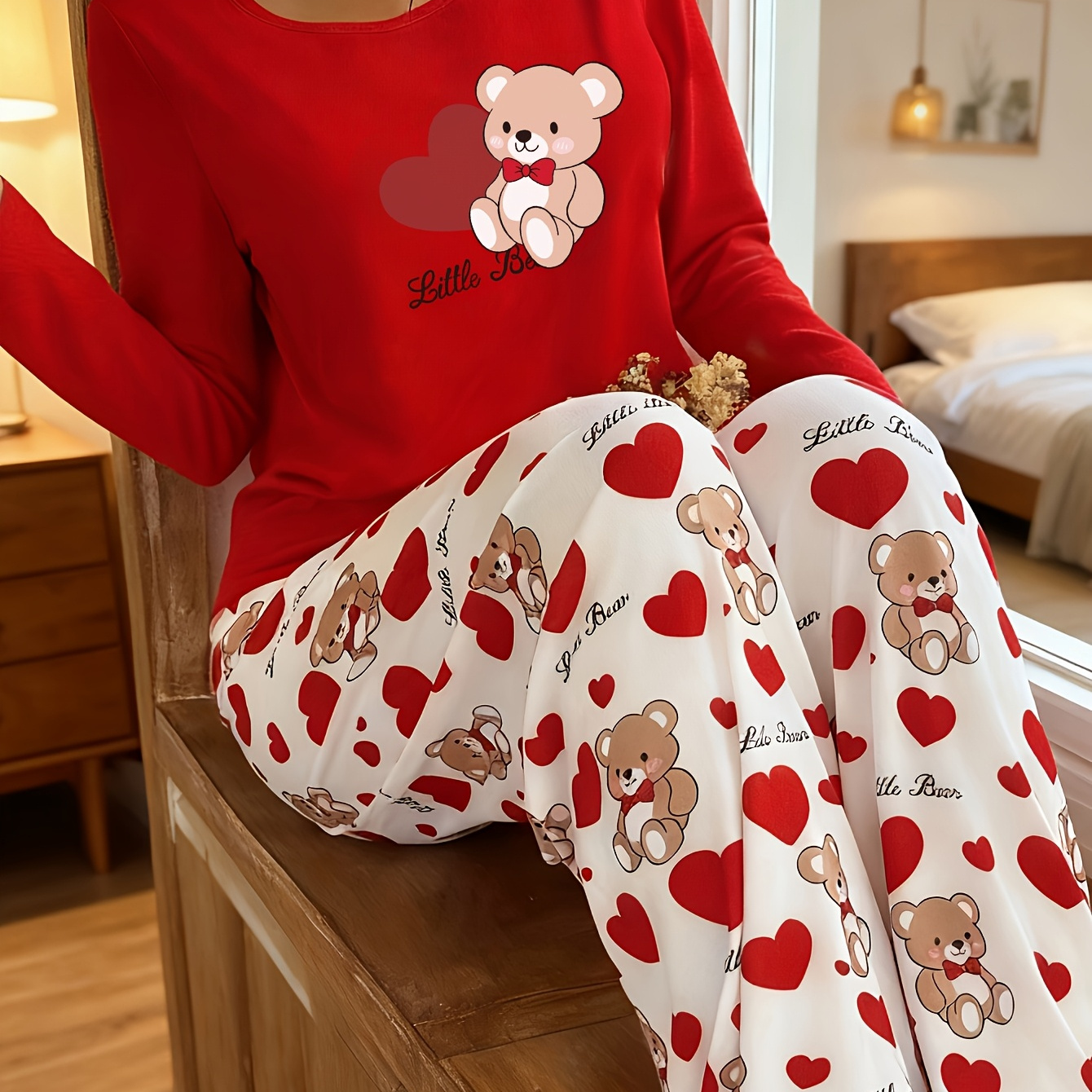 TEMU Women's Autumn/winter Long-sleeve Pajamas, Cute Bear Print 2pcs Loungewear Set