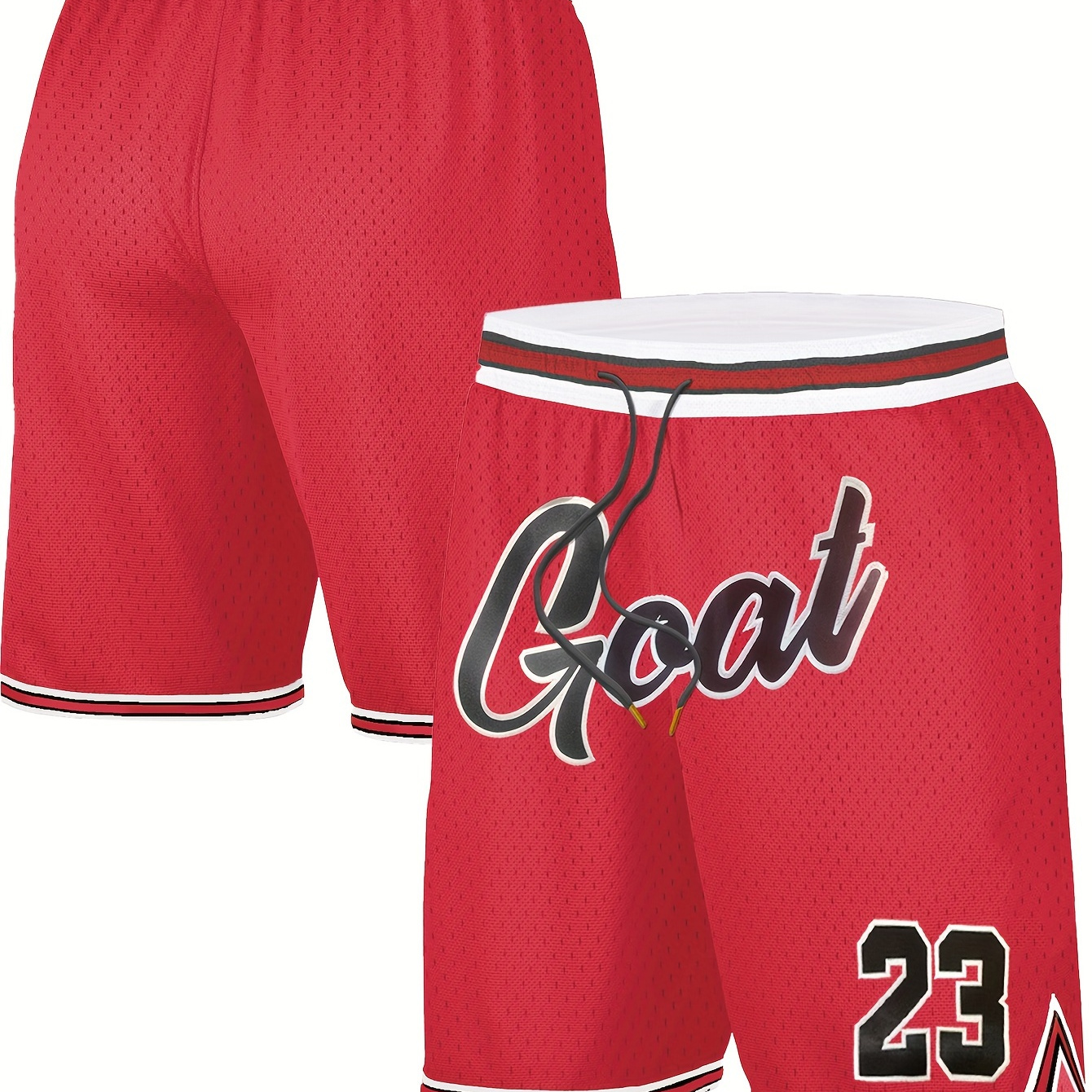 

Men's Red #23 "goat" Embroidered Basketball Shorts With Pockets - Breathable & Comfortable Polyester, Waistband, Zipper Detail For Casual & Sports Wear