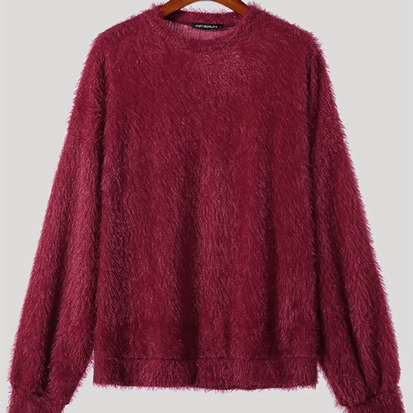 

Men's Chic Fluffy Faux Fur Long Sleeve Sweater, Street Style Pullover Crew Neck Sweatshirt