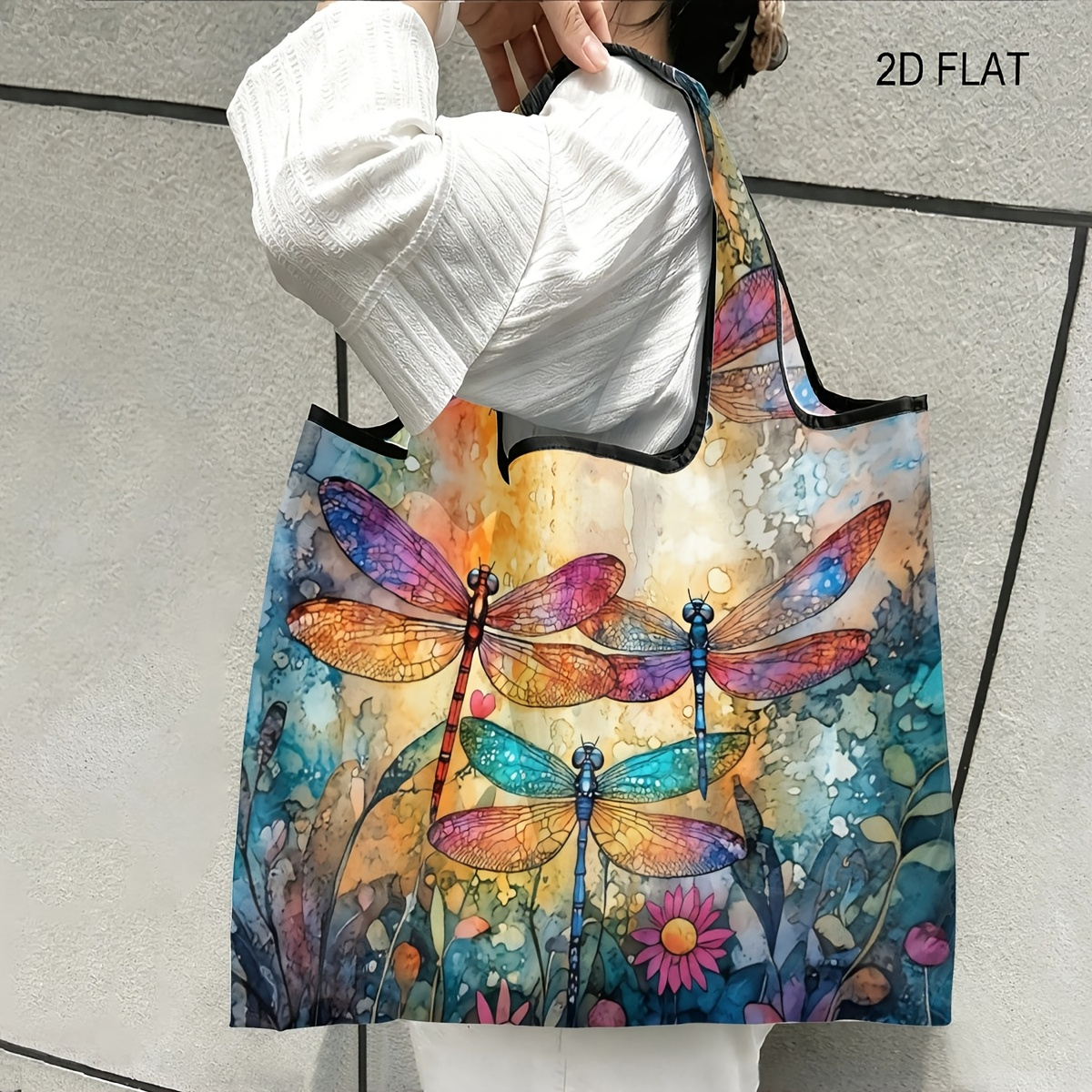 TEMU 1pc Colorful Dragonfly Water Lily Floral Artwork Theme, Foldable Shopping Bag, Lightweight Portable Grocery Tote, Compact Folds Into Small Pouch