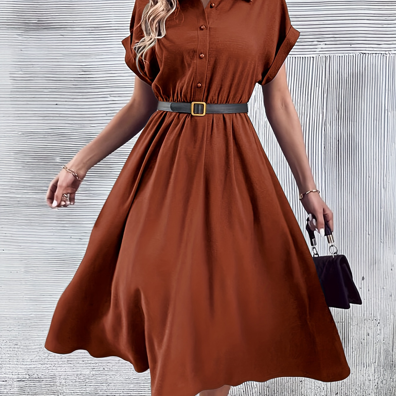 

Button Up Cinched Waist A-line Dress, Elegant Short Sleeve Dress For Spring & Summer, Women's Clothing