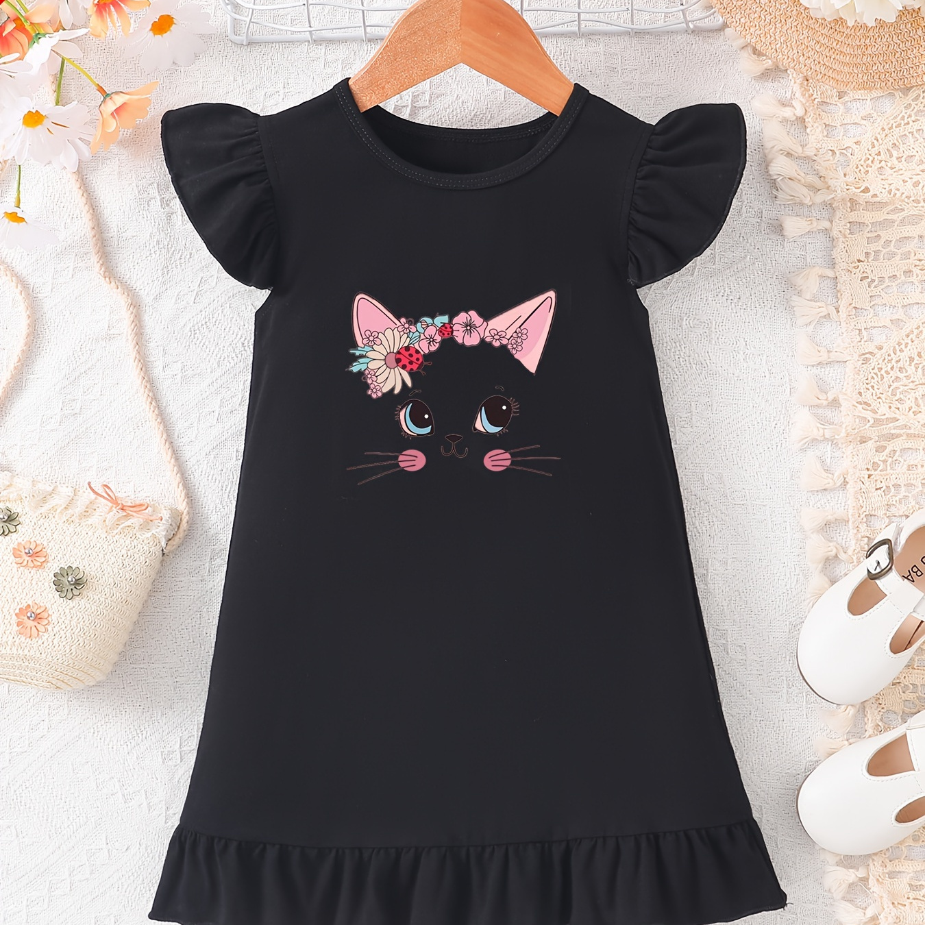 

2024 Baby Girls Summer New Fashion Cotton Small Flying Sleeve Casual Dress, Cat With Flower Print Cute Comfortable Toddlers Girls Dress 3 Colors Available