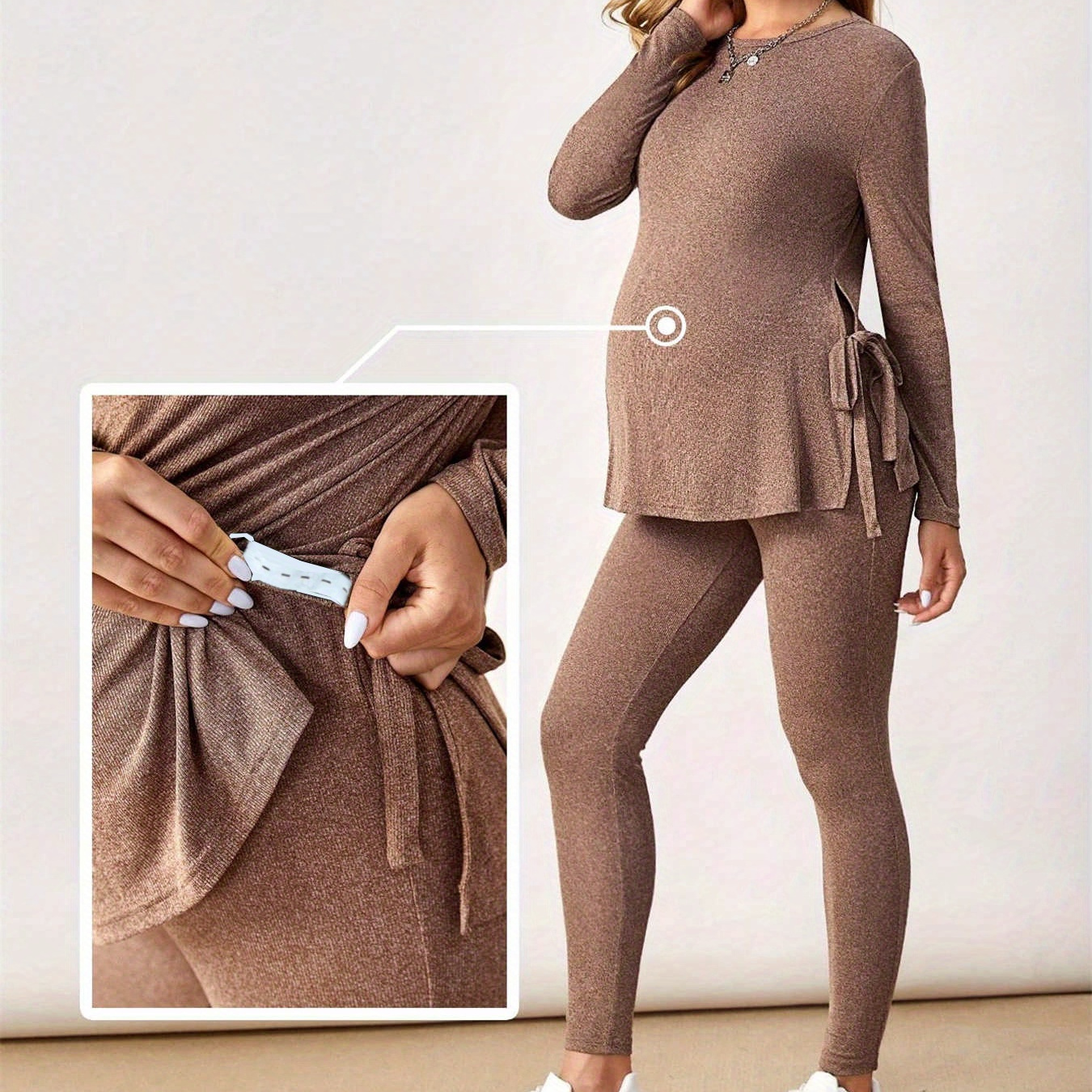 

2pcs Maternity Casual Set - Long Sleeve Knit Top & High Stretchy Pants, Vintage Style, Solid Color, Fall/winter