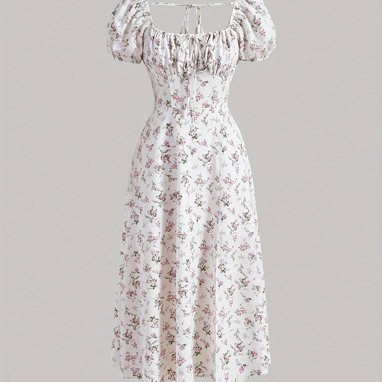 

Lace Up Floral Print Ruched Dress, Elegant Short Sleeve Dress For Spring & Summer, Women's Clothing