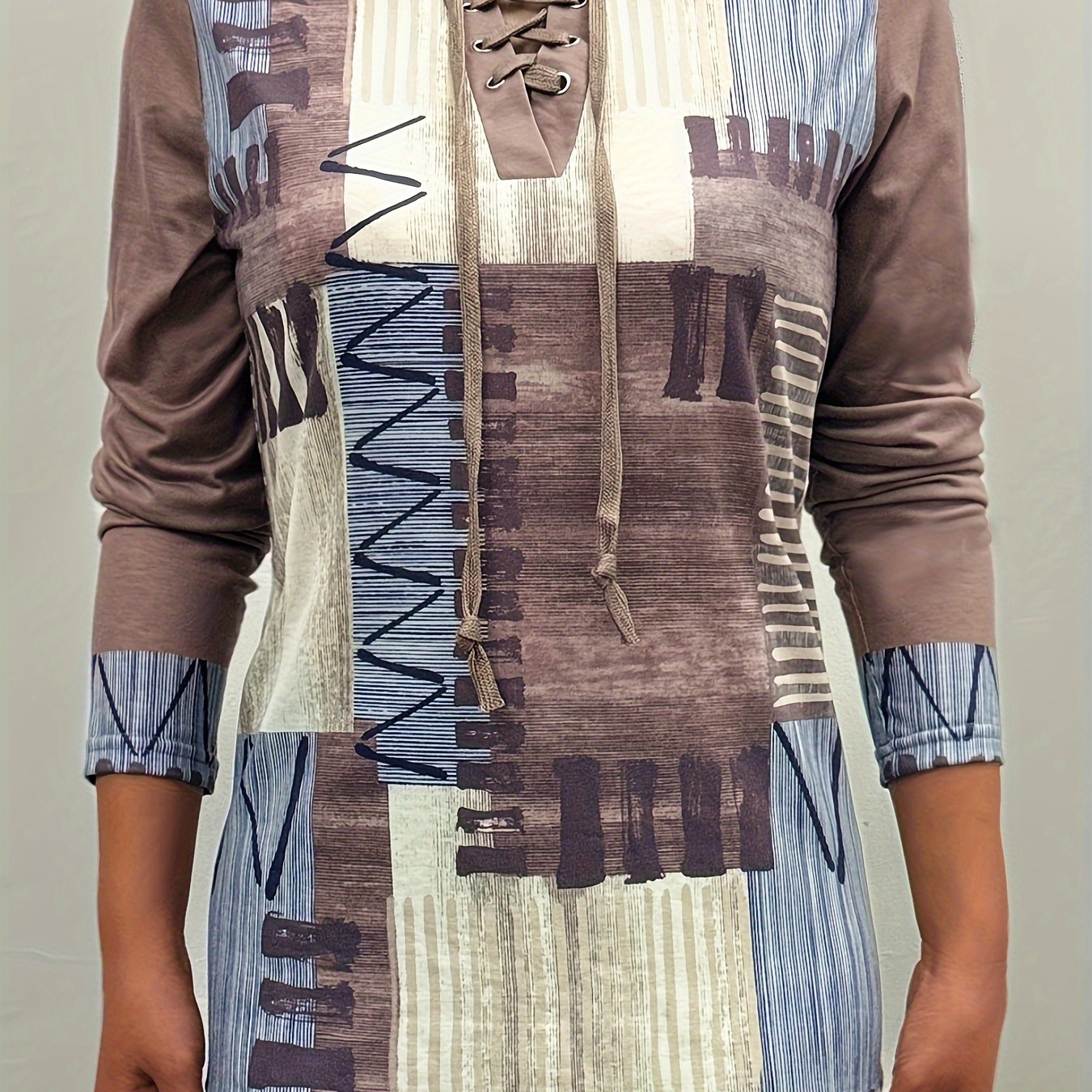 

Patchwork Print Tie Front T-shirt, Casual Color Block Long Sleeve T-shirt, Women's Clothing