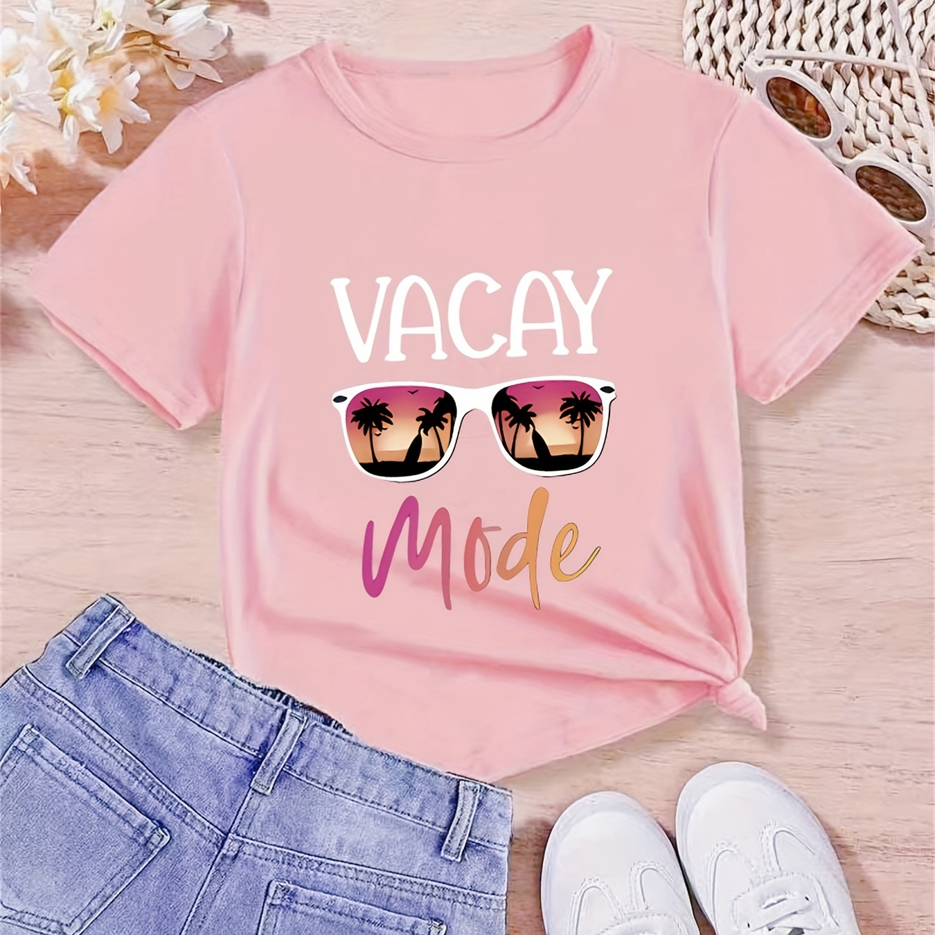 

vacay Mode" Graphic Print Girls' Crew Neck Short Sleeve T-shirt, Suitable For Summer Daily Wear