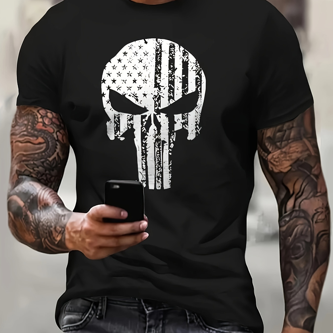 

Skull Pattern Printed T-shirt Men's Casual Style Summer And Autumn Slightly Elastic Round Neck T-shirt