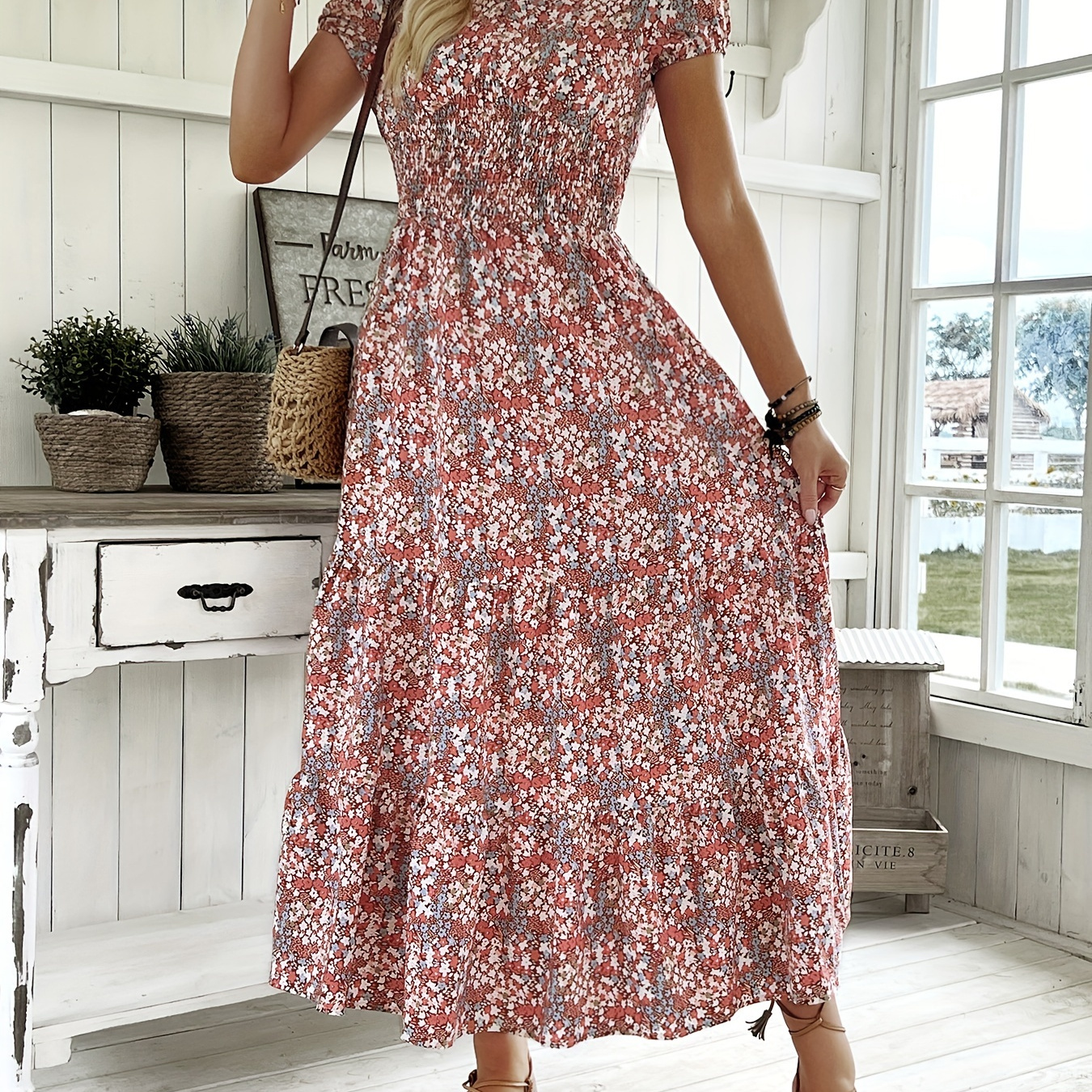 

Floral Print V Neck Dress, Elegant Shirred Waist Cap Sleeve Dress For Spring & Summer, Women's Clothing