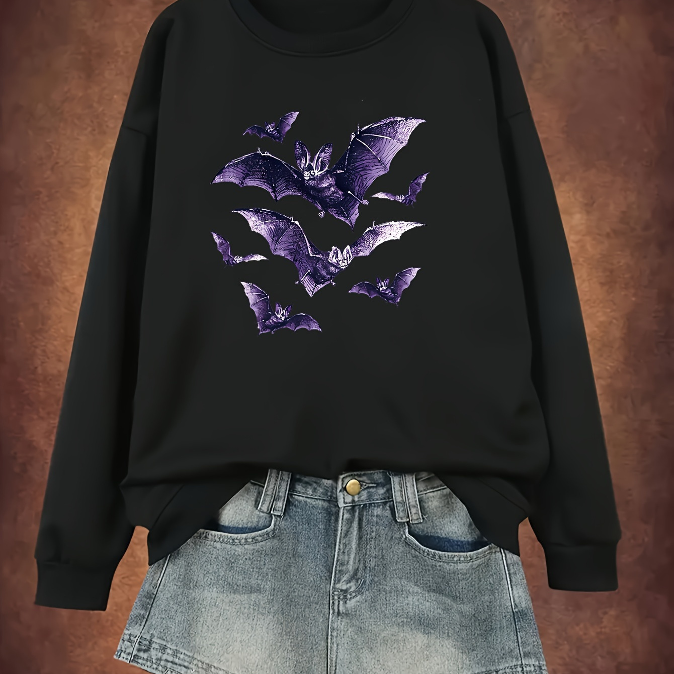 

Plus Size Bat Print Sweatshirt, Casual Long Sleeve Crew Neck Pullover Sweatshirt, Women's Plus Size Clothing