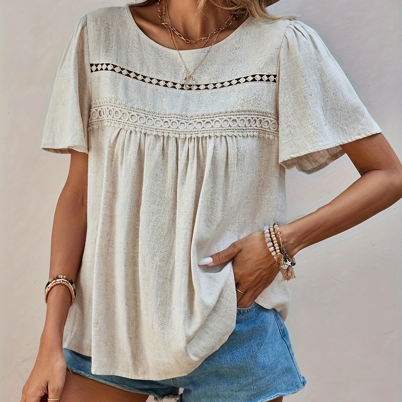 

Hollow Out Crew Neck Ruched Front Blouse, Elegant Short Sleeve Blouse Top For Spring & Summer, Women's Clothing