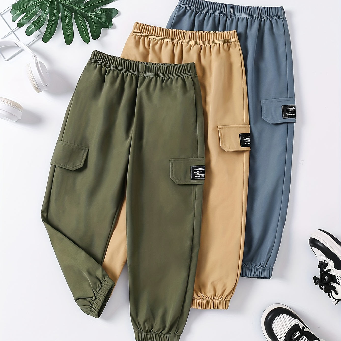 

3-pack Boys Casual Long Pants, Elastic Waist Trousers With Pockets For Everyday Wear