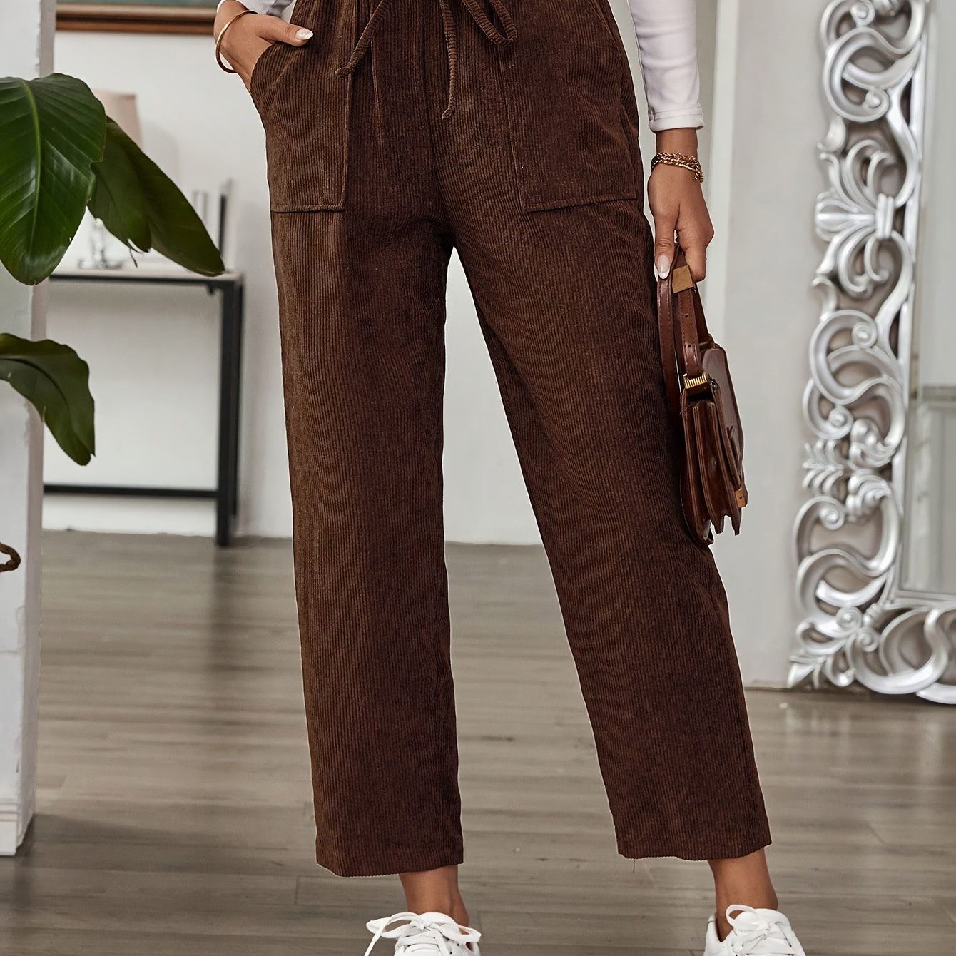 

Pantalon droit de couleur unie, pantalon décontracté à taille élastique avec cordon de serrage et poches obliques pour l'automne et l'hiver, vêtements pour femmes.