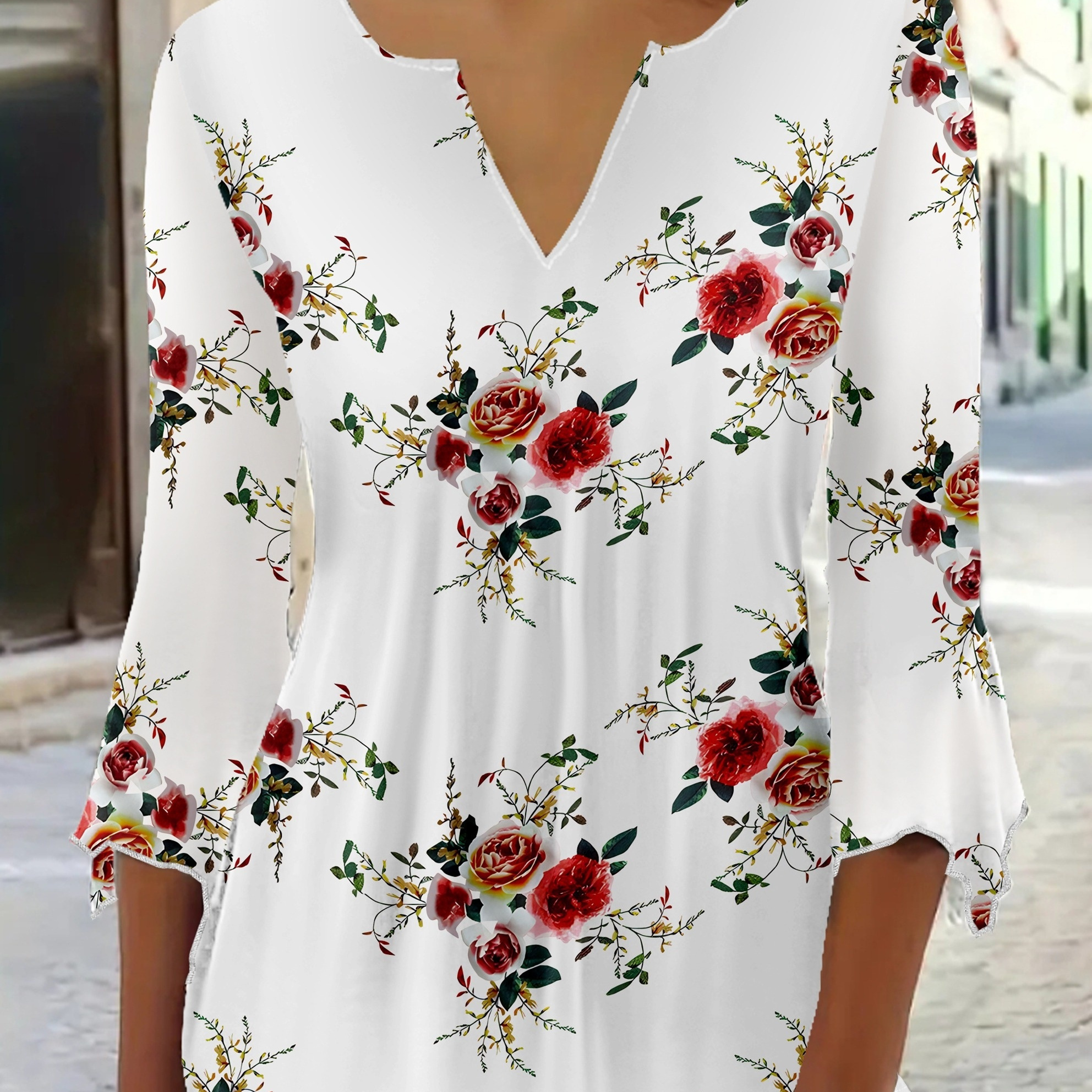 

T-shirt À Col En V Cranté À Imprimé Floral, Haut Élégant À Manches 3/4 Pour Le Printemps Et L’automne, Vêtements Pour Femmes