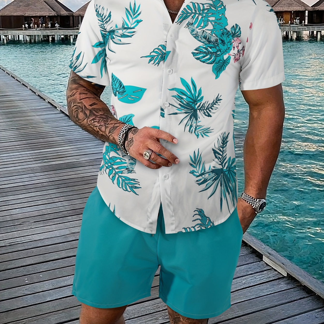 

Tropical Floral Print Men's 2pc Spring Summer Casual Shirt Co Ord Set With Shorts, Button-up, Collared, Beachwear, Resort Style Outfit, For Summer Outdoor