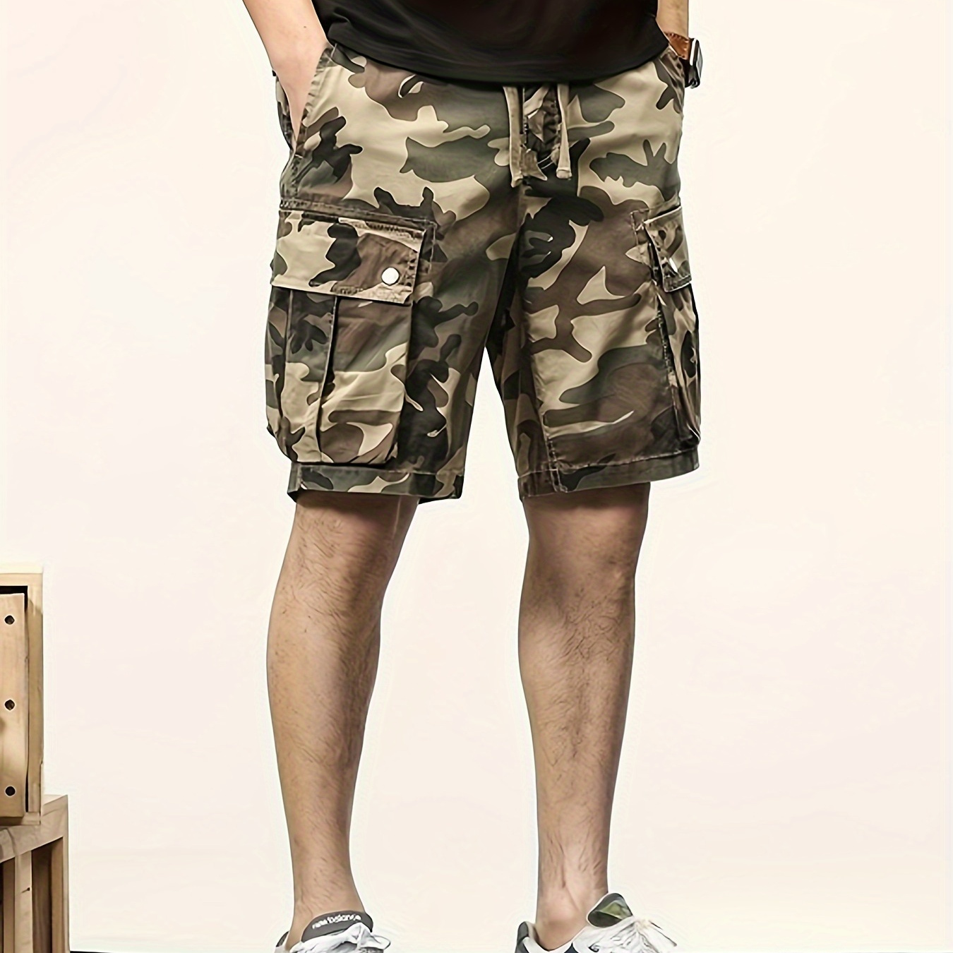 

Men's Loose Camouflage Pattern Cotton Elastic Waist Cargo Shorts With Pockets, Casual Breathable Shorts For Summer, Bermuda Shorts