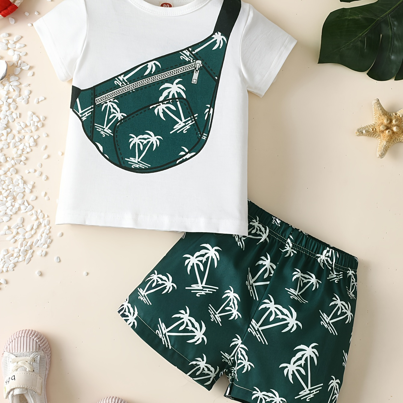 

Little Boy's Coconut Tree Pattern 2pcs Casual Outfit, Crossbody Bag Print Tee Top & Shorts Set, Toddler Summer Clothing