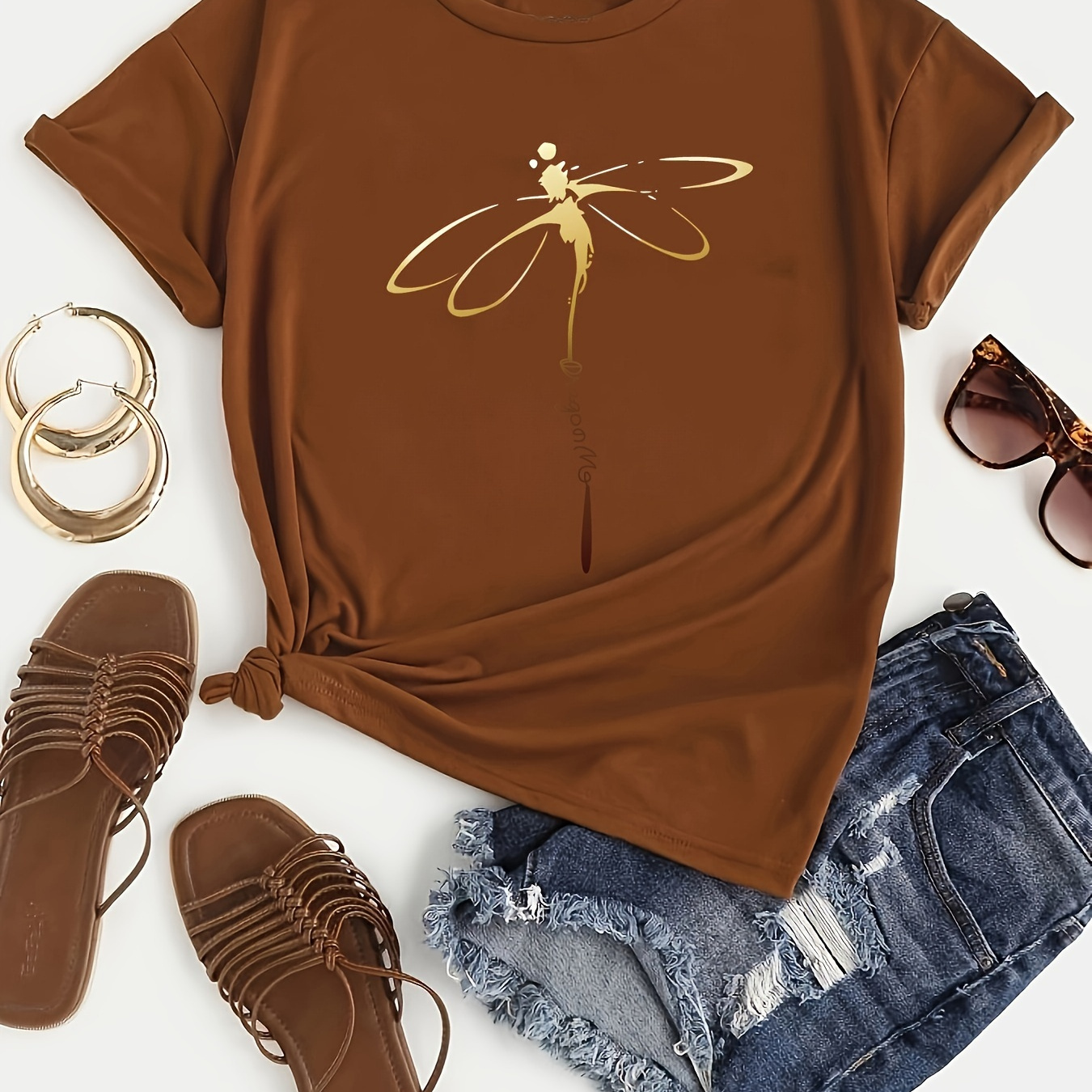 

Dragonfly Print Crew Neck T-shirt, Casual Short Sleeve Top For Spring & Summer, Women's Clothing