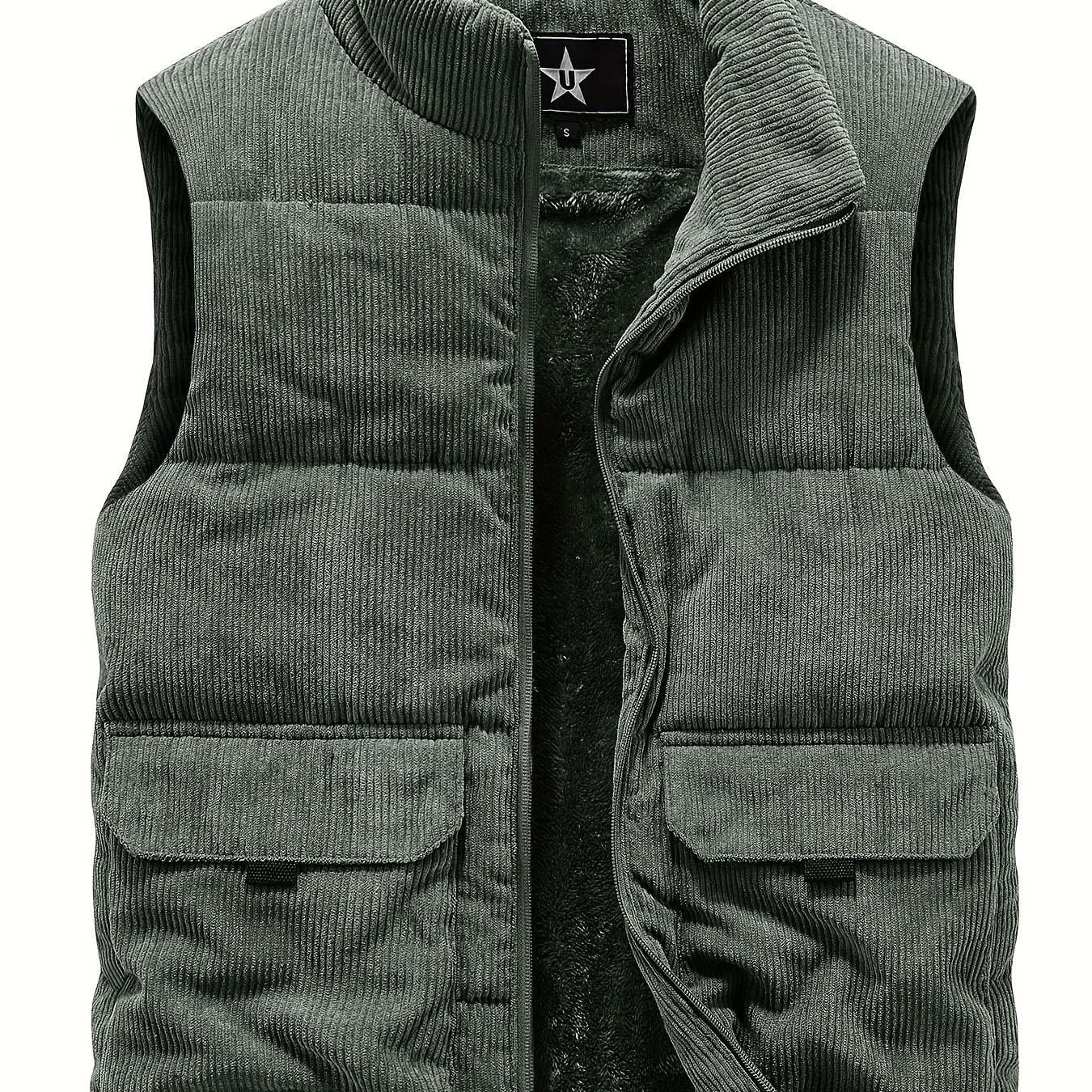 

Jpdun Men's Winter Vest, Casual Stand Collar, Plush Polyester 100%, Solid Color, Multi-pocket Outdoor Workwear, Warm Camisole Jacket, Loose Fit, Woven, Non-stretch