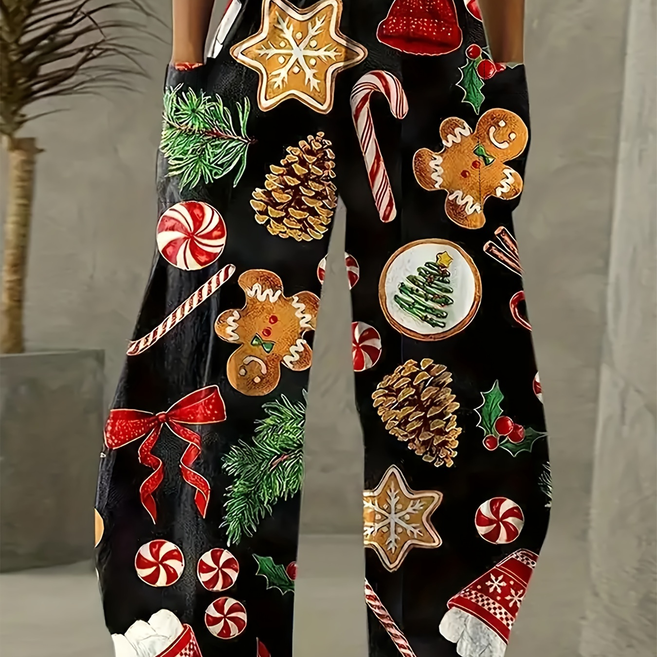 

Christmas Print Baggy Pants, Casual Elastic High Waist Dual Pockets Loose Pants For Spring & Summer, Women's Clothing