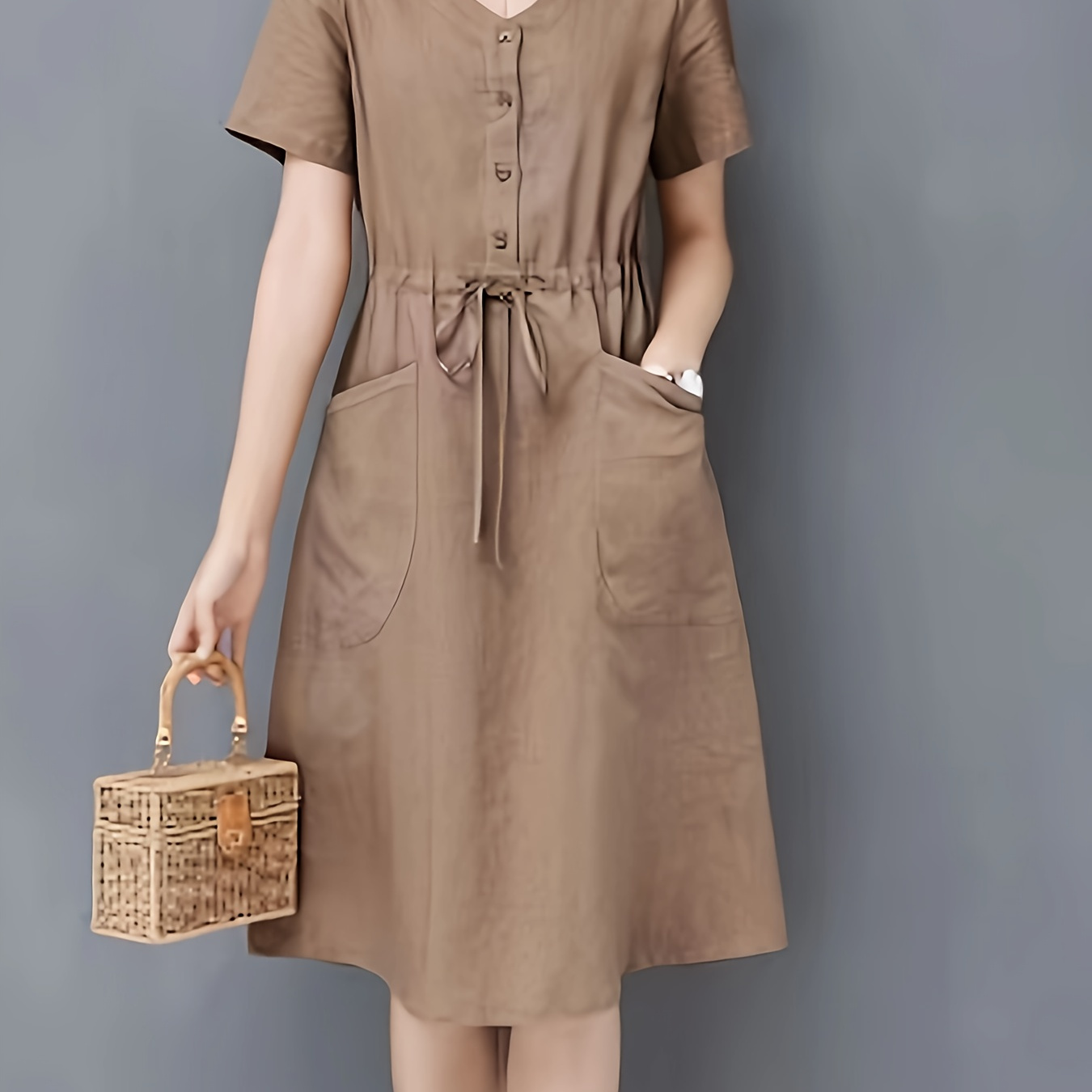 

Dual Pockets Button Tie Waist Dress, Casual Solid Color V Neck Short Sleeve Dress For Spring & Summer, Women's Clothing