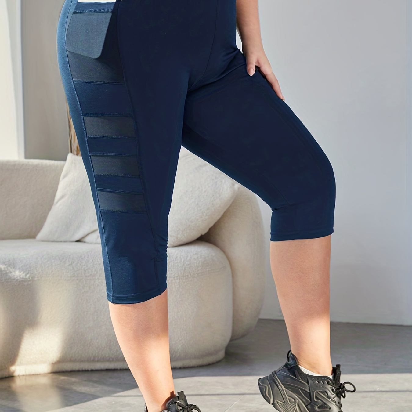 Plus Size Sports Capris Leggings, Women's Plus Solid Contrast Mesh High Stretch High Rise Yoga Leggings