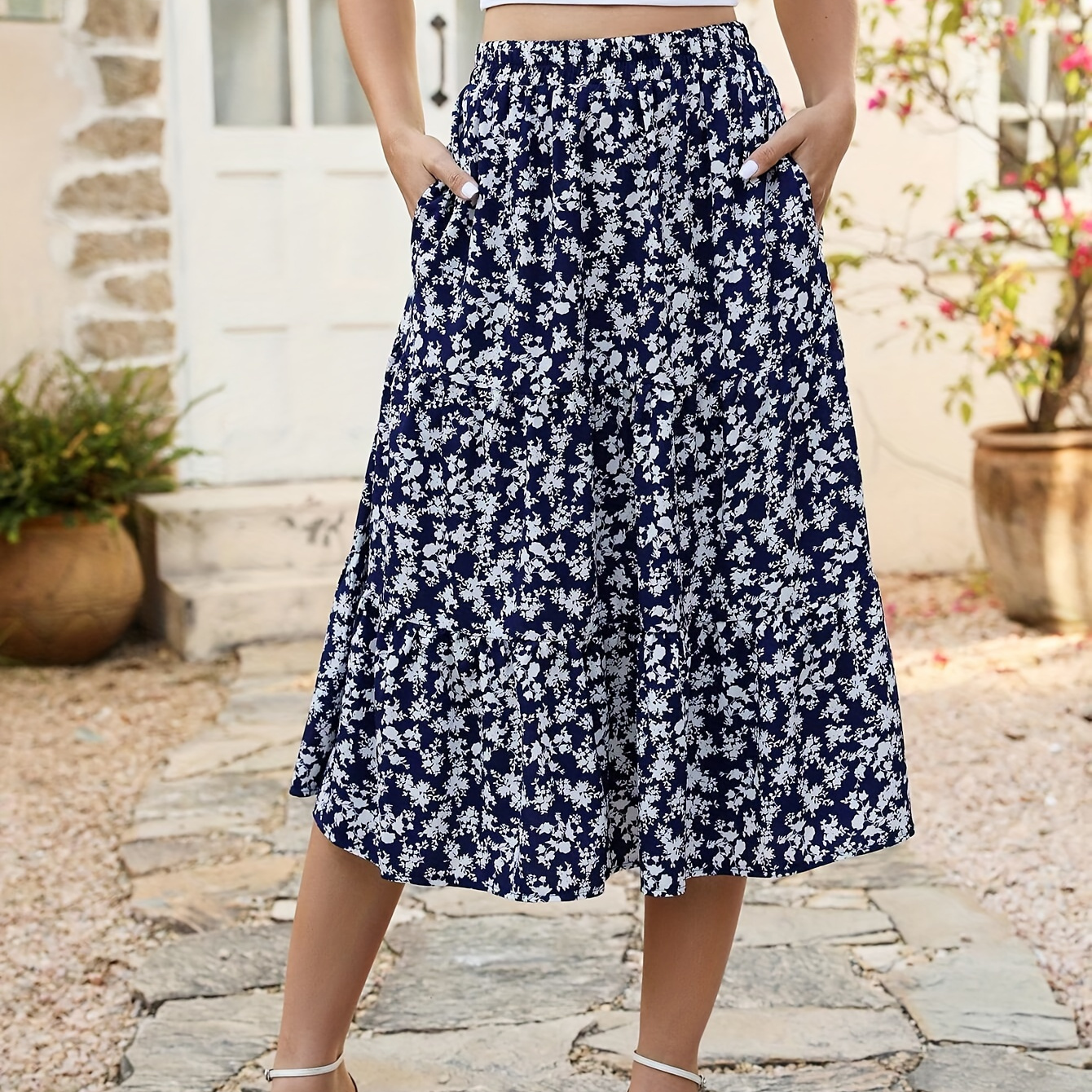 

Floral Print Elastic Waist Midi Skirt, Boho Flared Skirt With Pocket, Women's Clothing