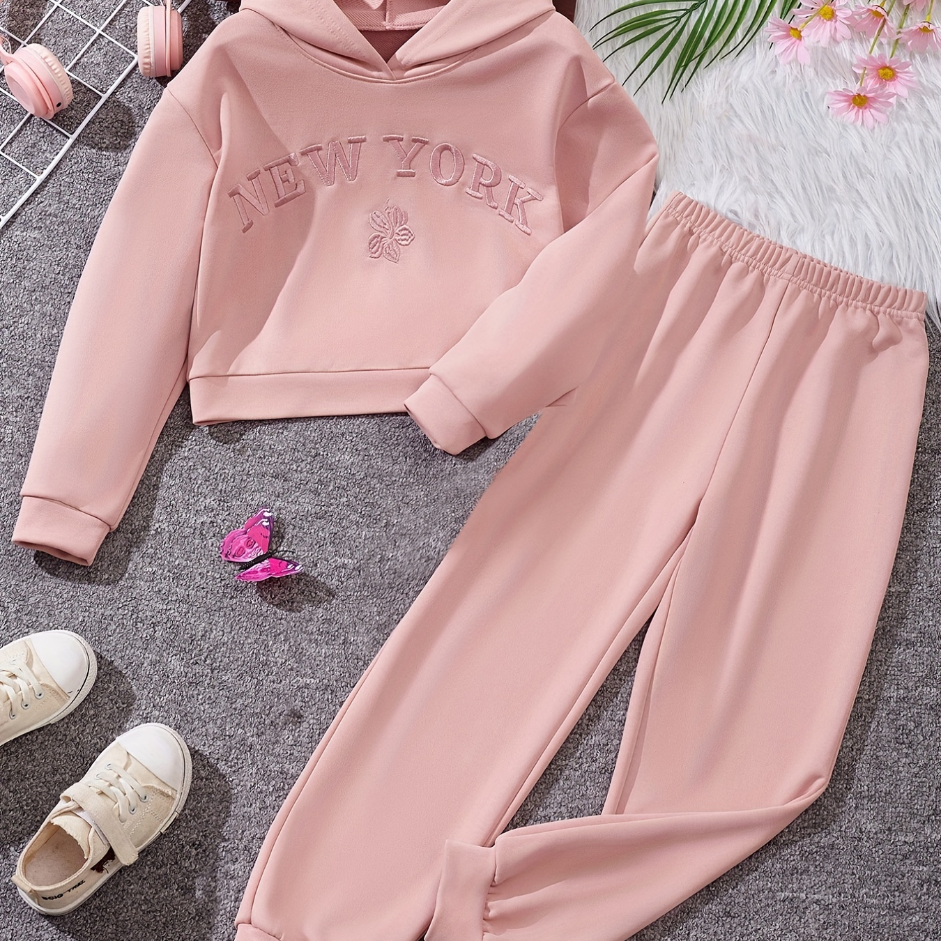 

New York Embroidered Girl's 2pcs, Hoodie & Sweatpants Set, Trendy Outfits, Kids Clothes For Spring Fall