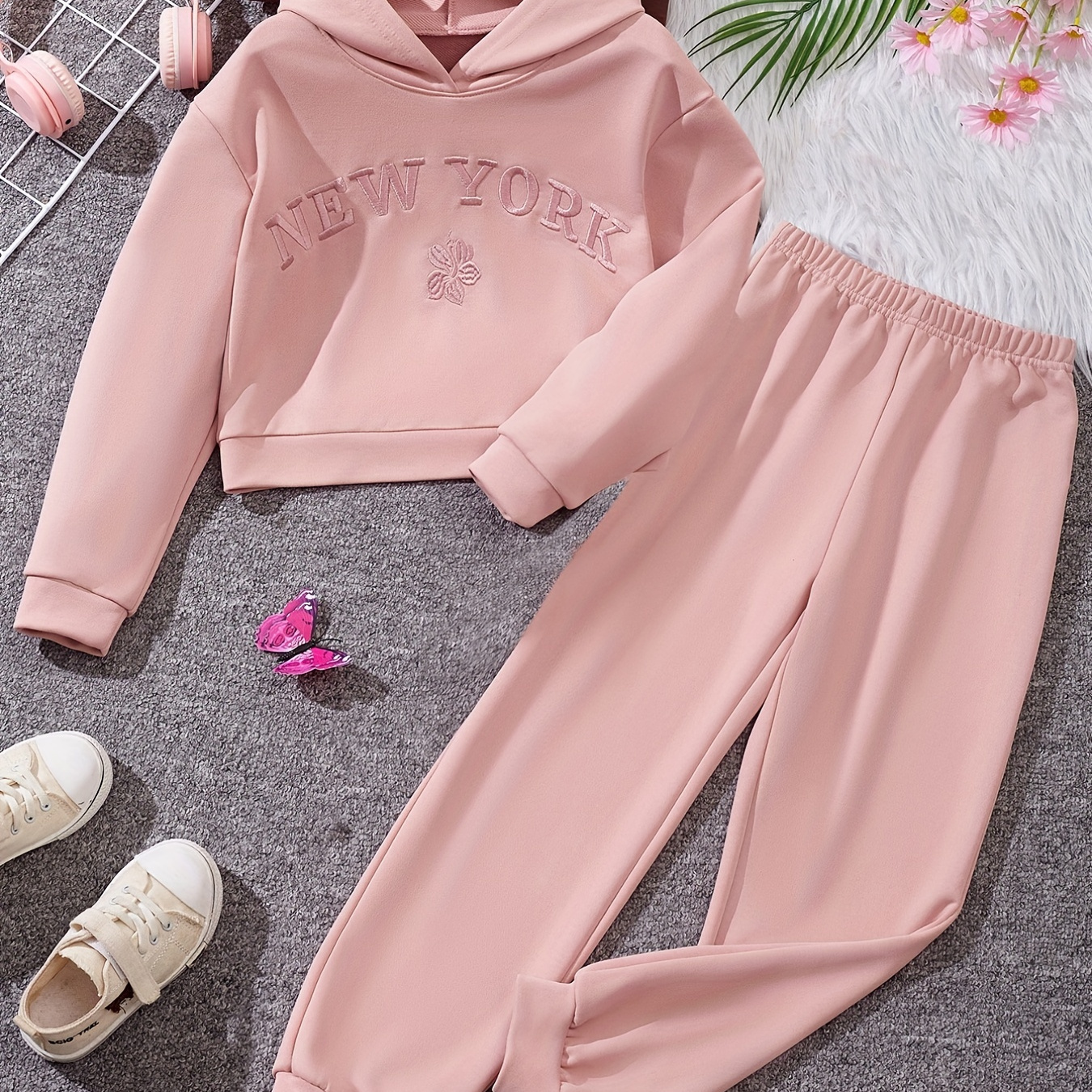 

NEW YORK Fille Brodée 2pcs, Ensemble Hoodie & Sweatpants, Tenues Tendance, Vêtements Enfants Pour Le Printemps Et L'Automne