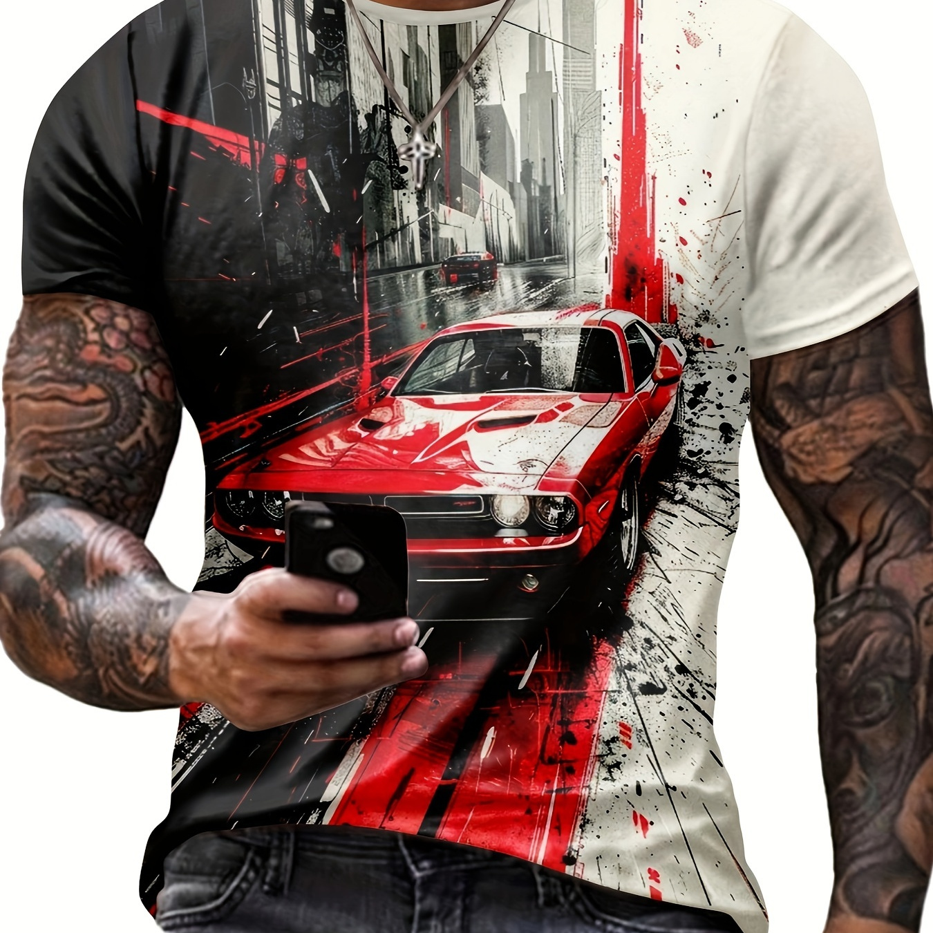 

Men's 3d Digital Classic Car And Street View Pattern And Paint Mark Print Crew Neck And Short Sleeve T-shirt For Summer Leisurewear, Chic And Stylish Sports Tops For Men