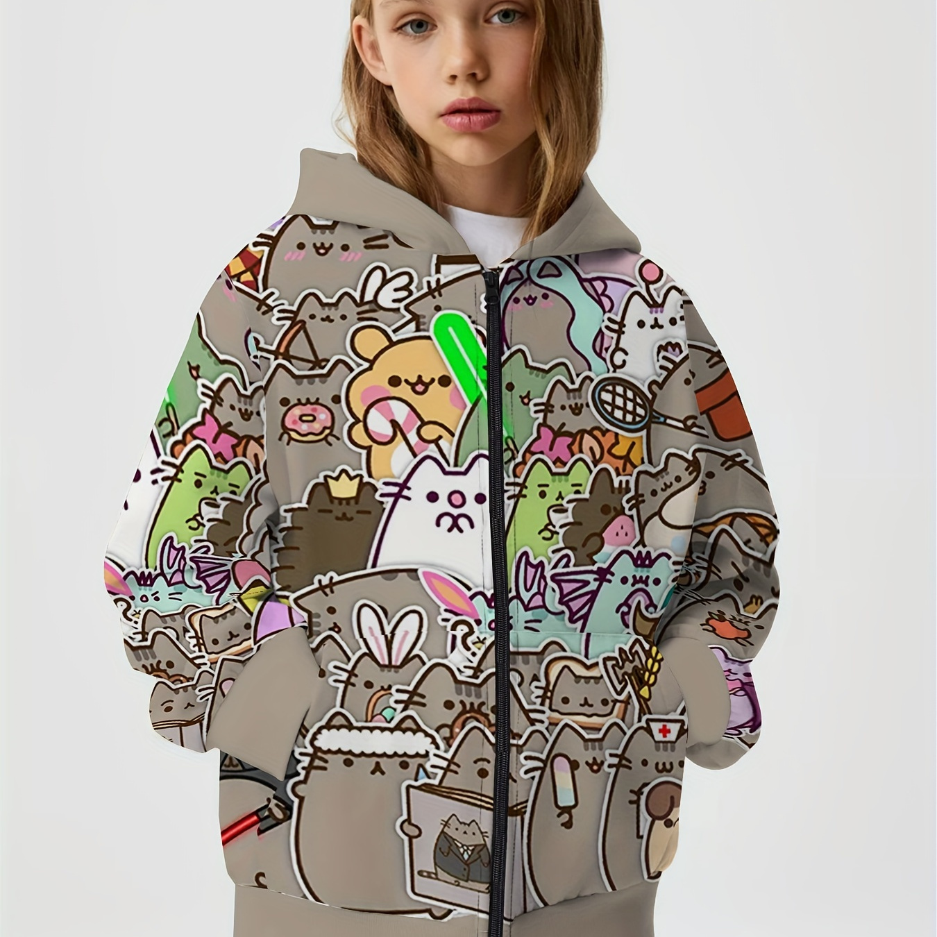 

Girls Casual & Cool & Cute Long Sleeve Allover Cartoon Kittens Pattern Zip Up Hoodie For Spring & Fall, Girls Outerwear Clothes