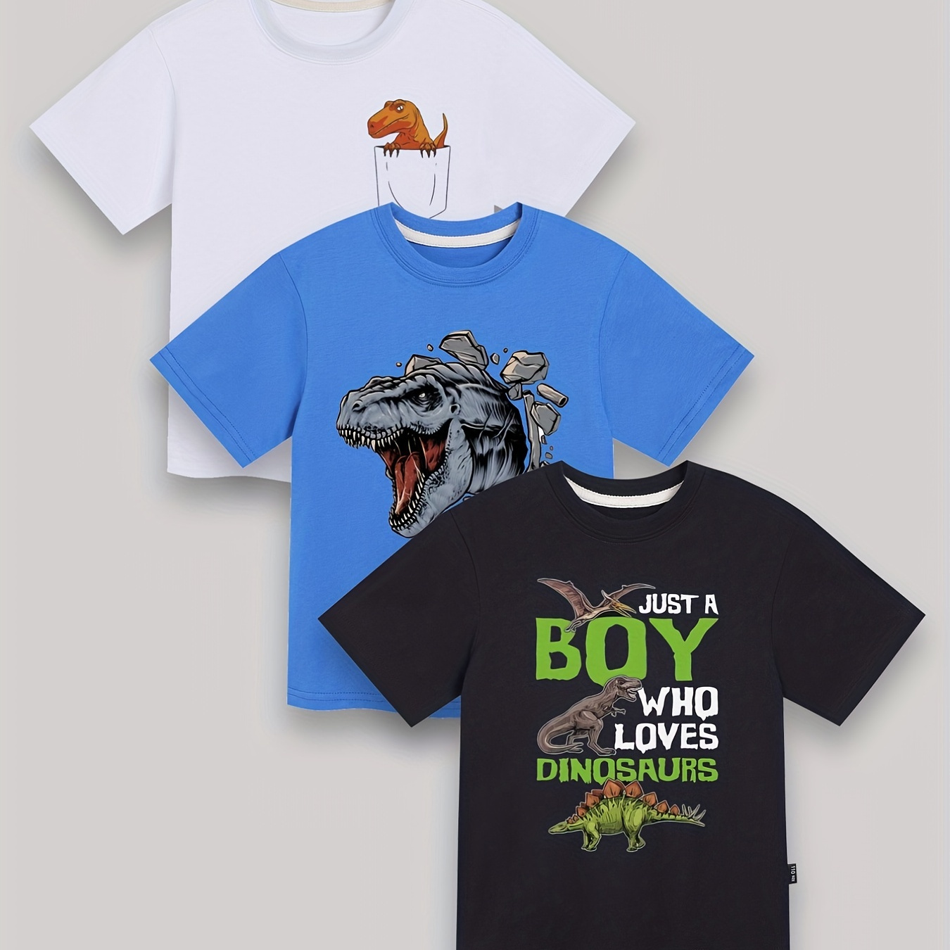 

3pcs Dinosaur Series Print Boys Creative Cotton T-shirt, Casual Lightweight Comfy Short Sleeve Crew Neck Tee Tops, Kids Clothings For Summer