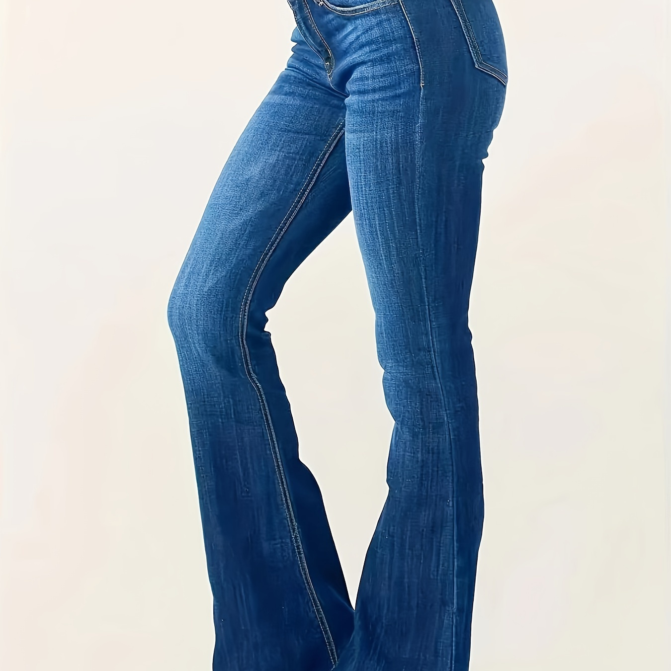 

Slant Pockets Washed Flare Jeans, Mid-stretch Casual Bell Bottom Jeans, Women's Denim Jeans & Clothing