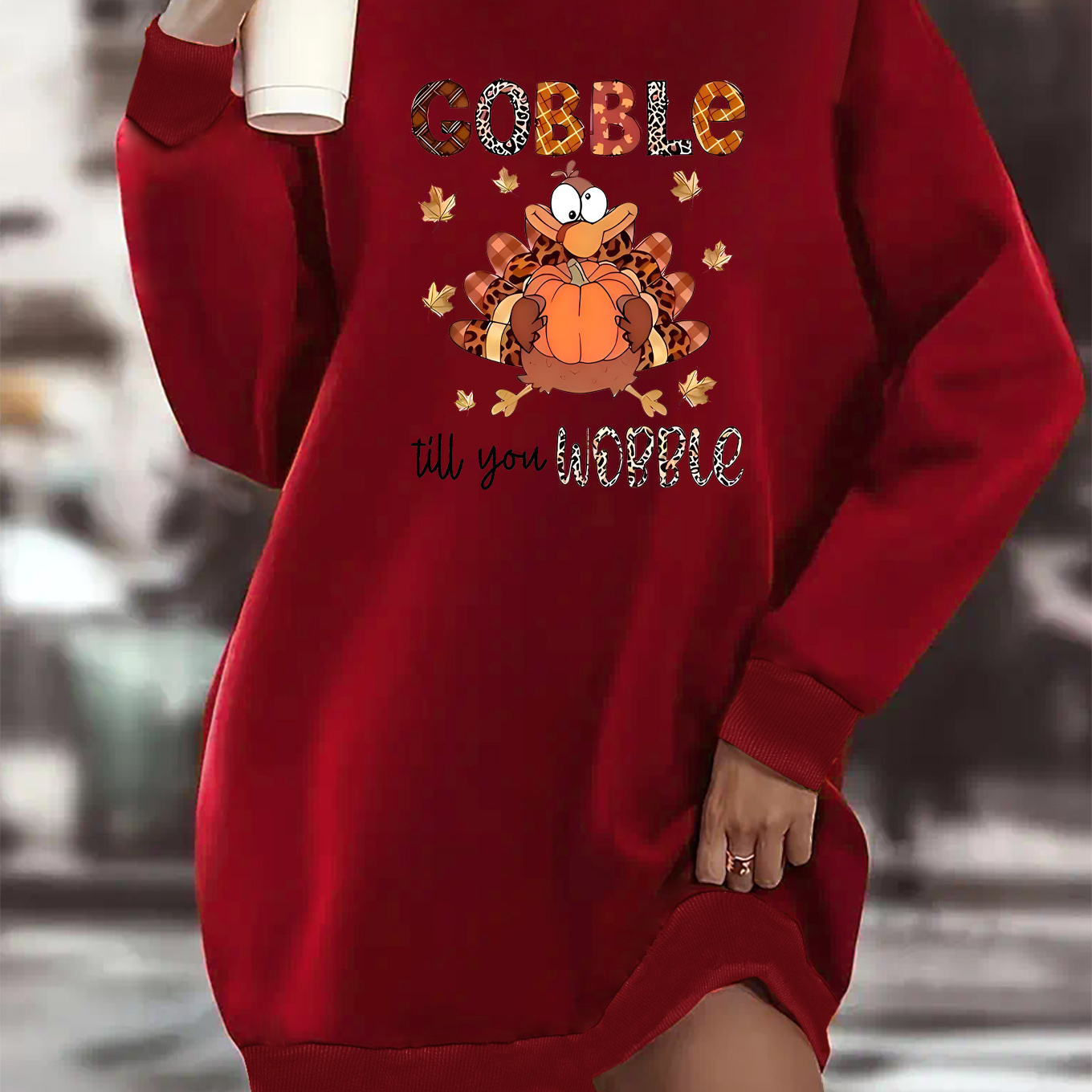 

Women's Plus Size Casual Sweatshirt Dress With Thanksgiving Turkey & Slogan Design - Long Sleeve, Crew Neck, Machine Washable - Fall/winter