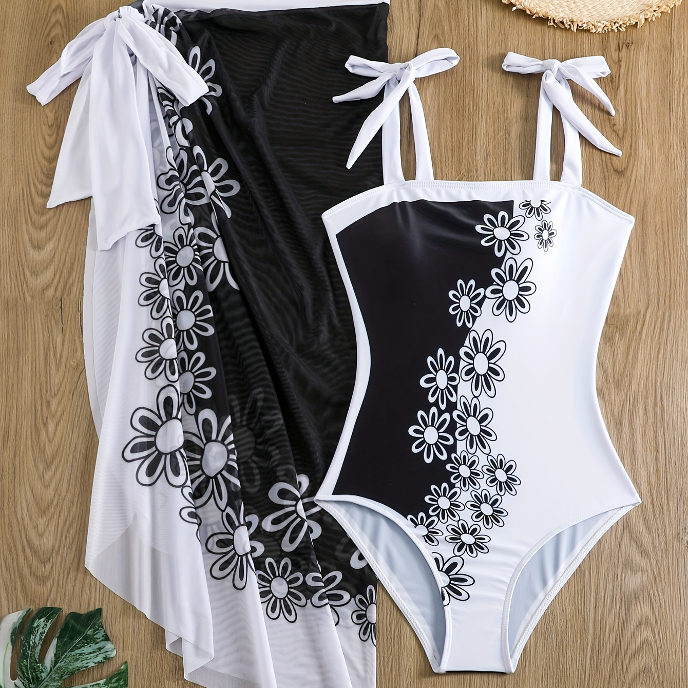 

Floral Print Black & White Color Block 2 Piece Swimsuits, Tie Shoulder High Stretch Elegant One-piece Bathing-suit & Cover Up Skirt, Women's Swimwear & Clothing For Holiday