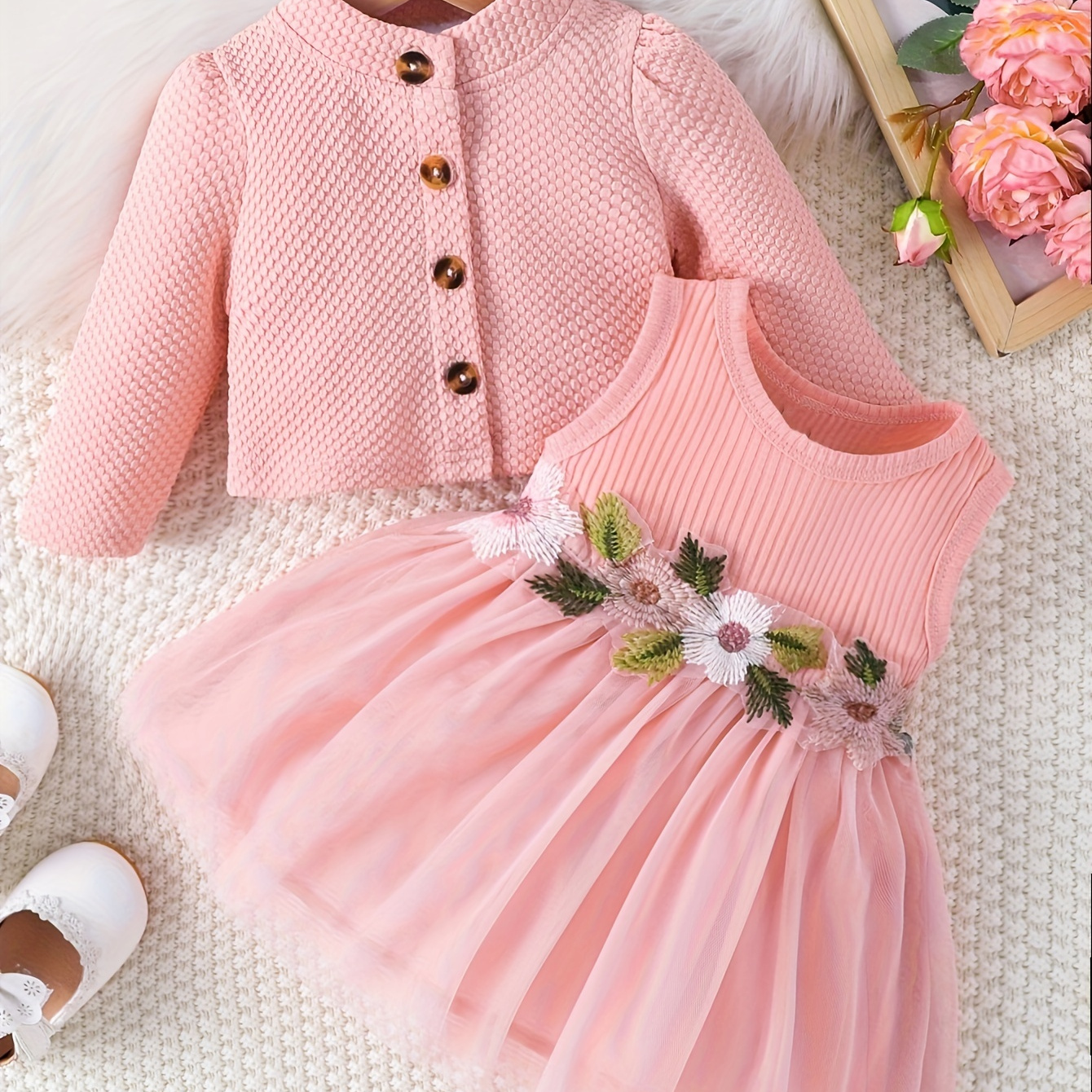 TEMU 2pcs, Solid Color Textured Long Sleeve T-shirt + Flower Applique Sleeveless Mesh Dress Set For Girls, Casual And Trendy Holiday Set Summer Gift, Girls' Clothing