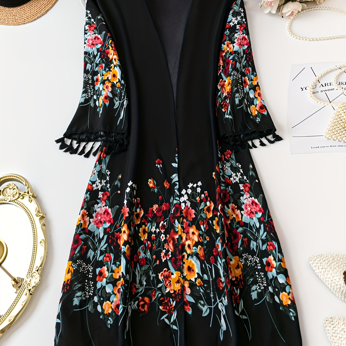 

Plus Size Floral Print Tassel Top, Elegant Long Sleeve Open Front Top, Women's Plus Size clothing