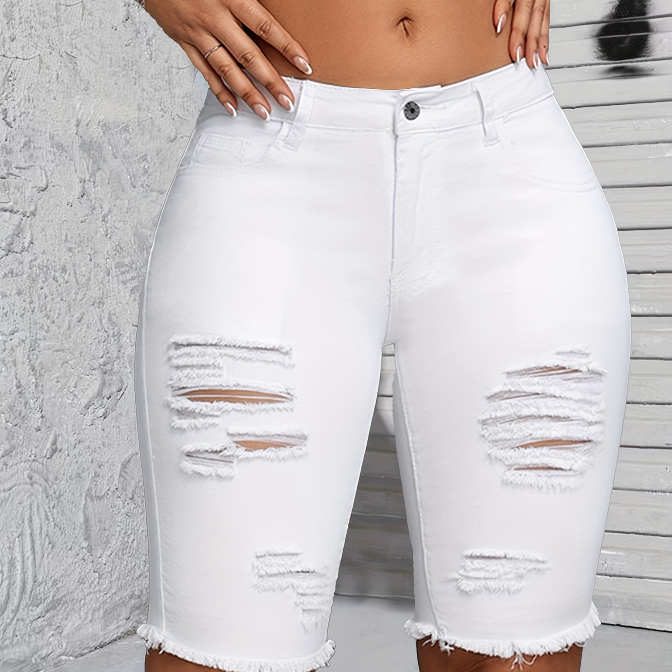

Women's Stretchy Ripped Denim Bermuda Shorts, Casual Street Style, Plain White Frayed Hem, Distressed Jeans Jorts