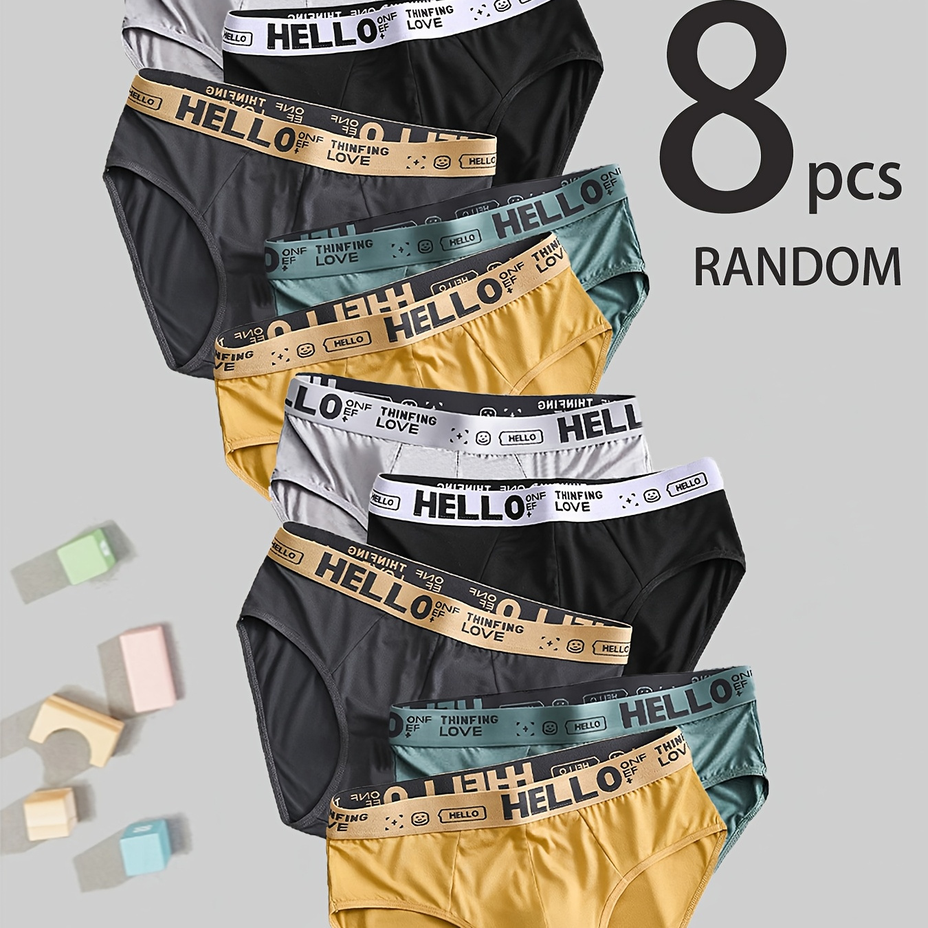 

8pcs Men's Breathable Soft Briefs - Comfortable Stretch, Fashionable "hello" Print, Assorted Colors, Polyester & Spandex , Non-see-through Knit Fabric, Underwear