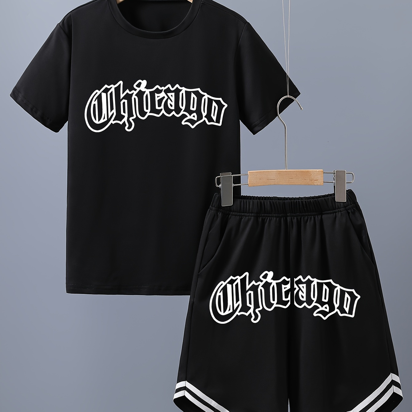 

2pcs Boys Casual Chicago Letter Graphic Print Short Sleeve T-shirt & Shorts Set, Comfy Summer Boys Clothes