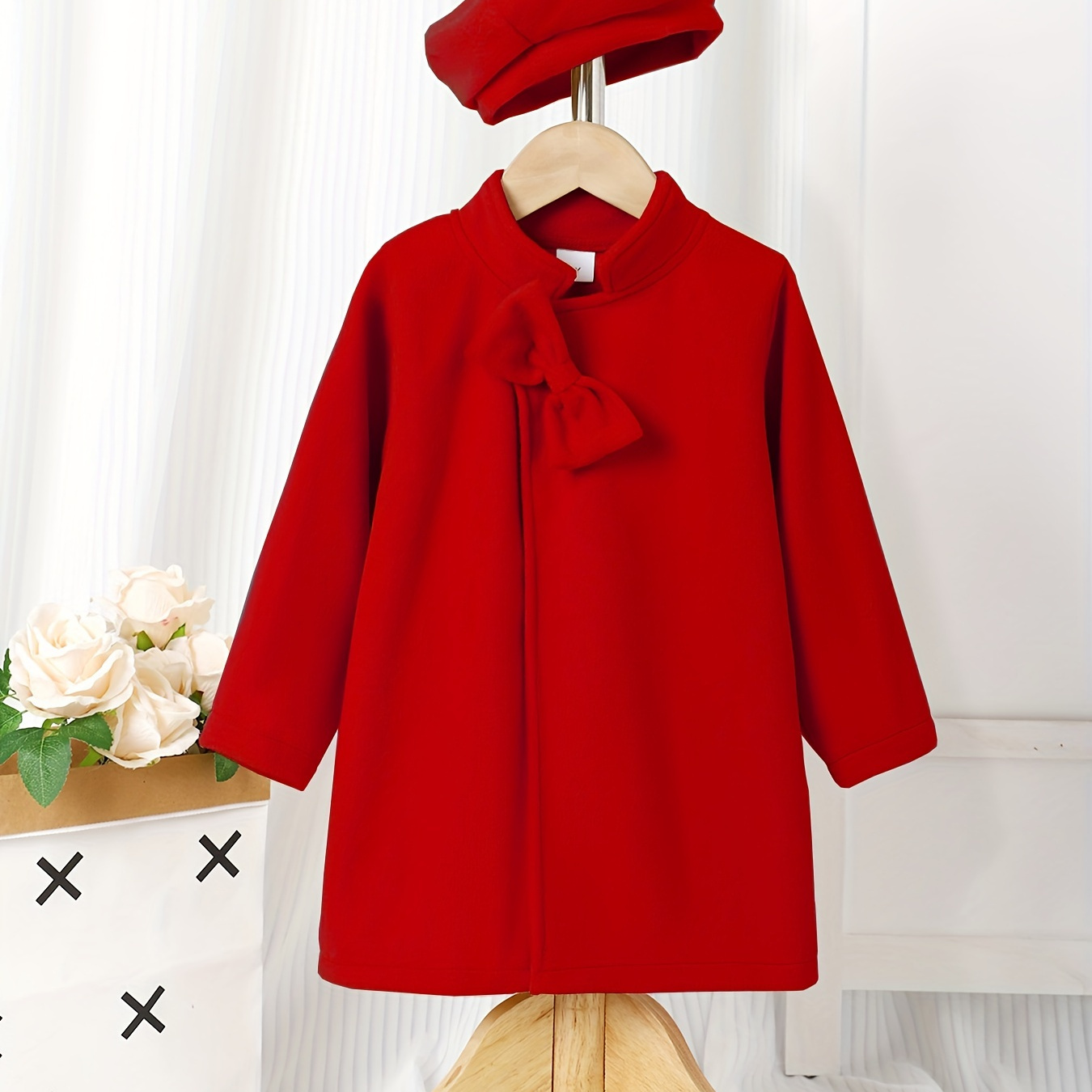 

4-7y Girls' Stand-up Collar Bownot Suit Jacket, Elegant Style Kids Windproof Dress Coats With Hat
