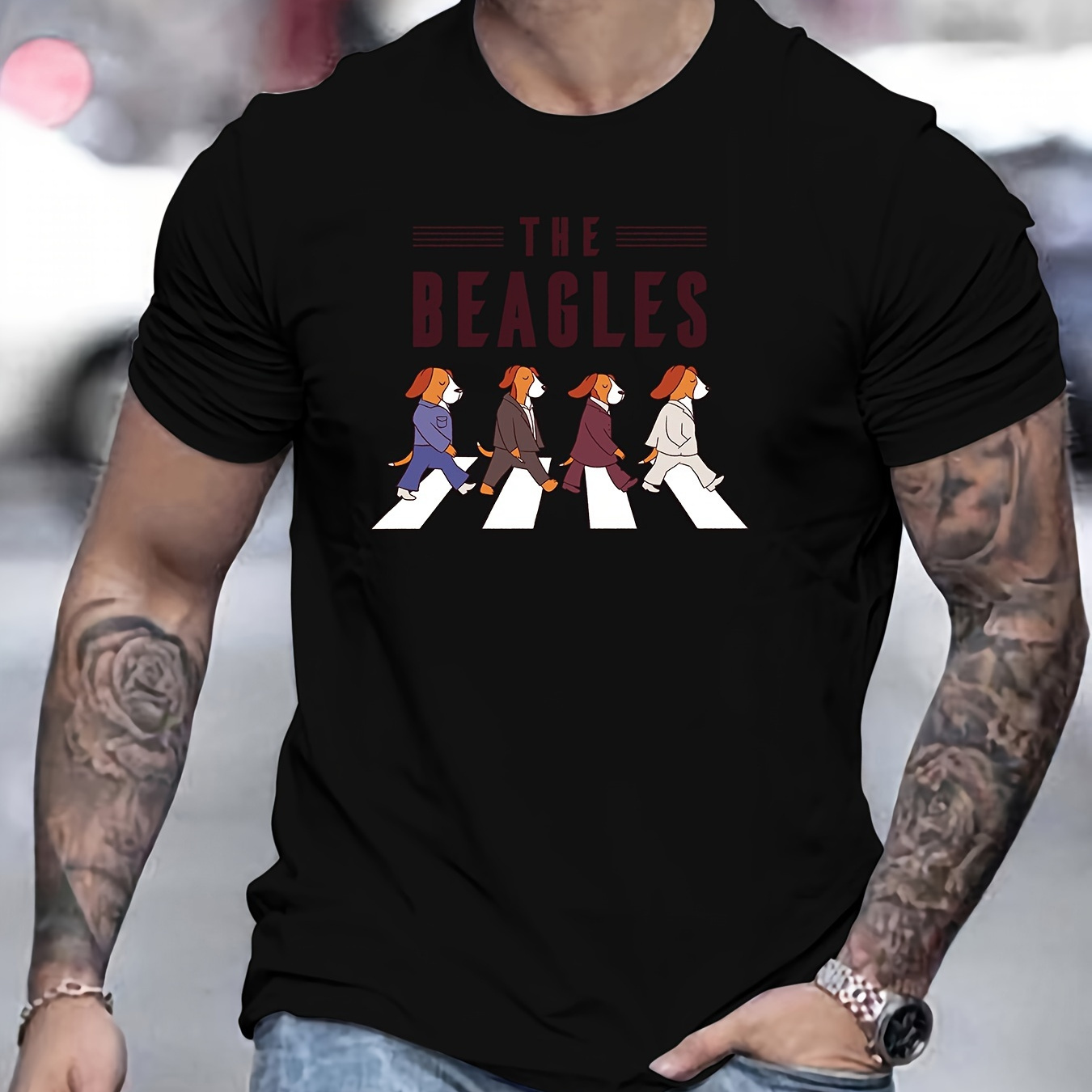

The Beagles Print Short Sleeve Tees For Men, Casual Crew Neck T-shirt, Comfortable Breathable T-shirt