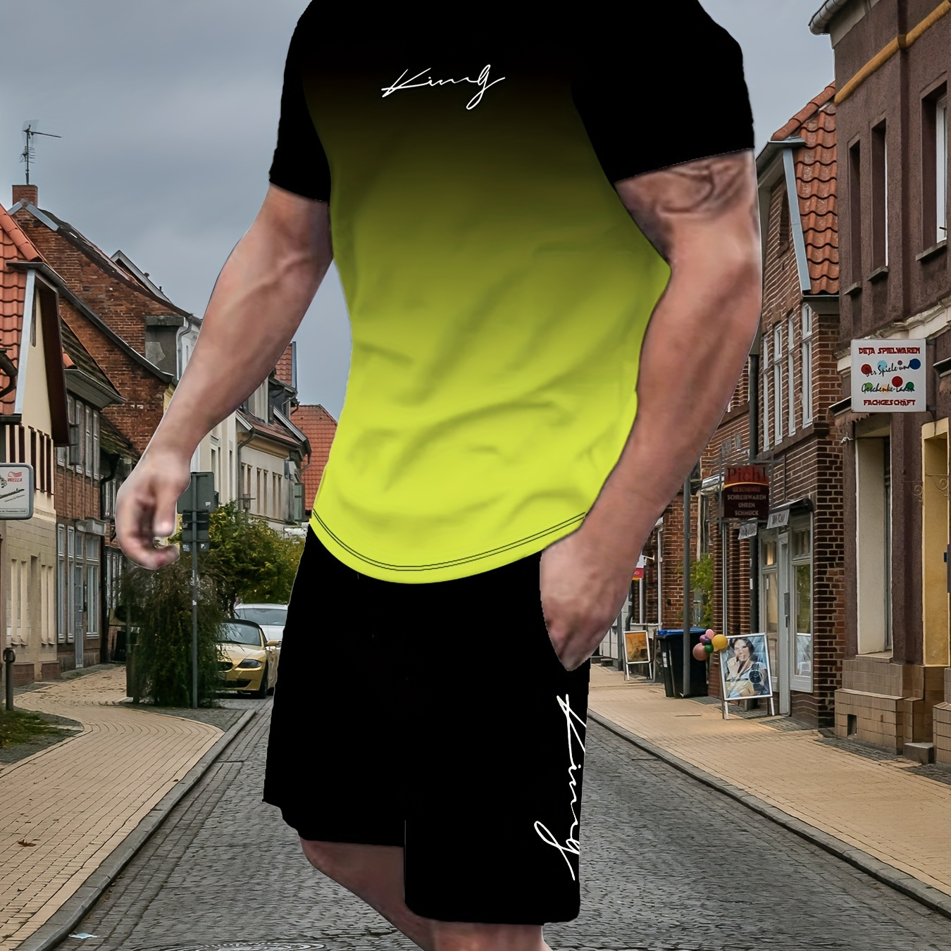 

Men's Outfit, Color Matching King Pattern Casual Crew Neck Short Sleeve T-shirt & Drawstring Shorts 2-piece Set For Summer Outdoor Activities