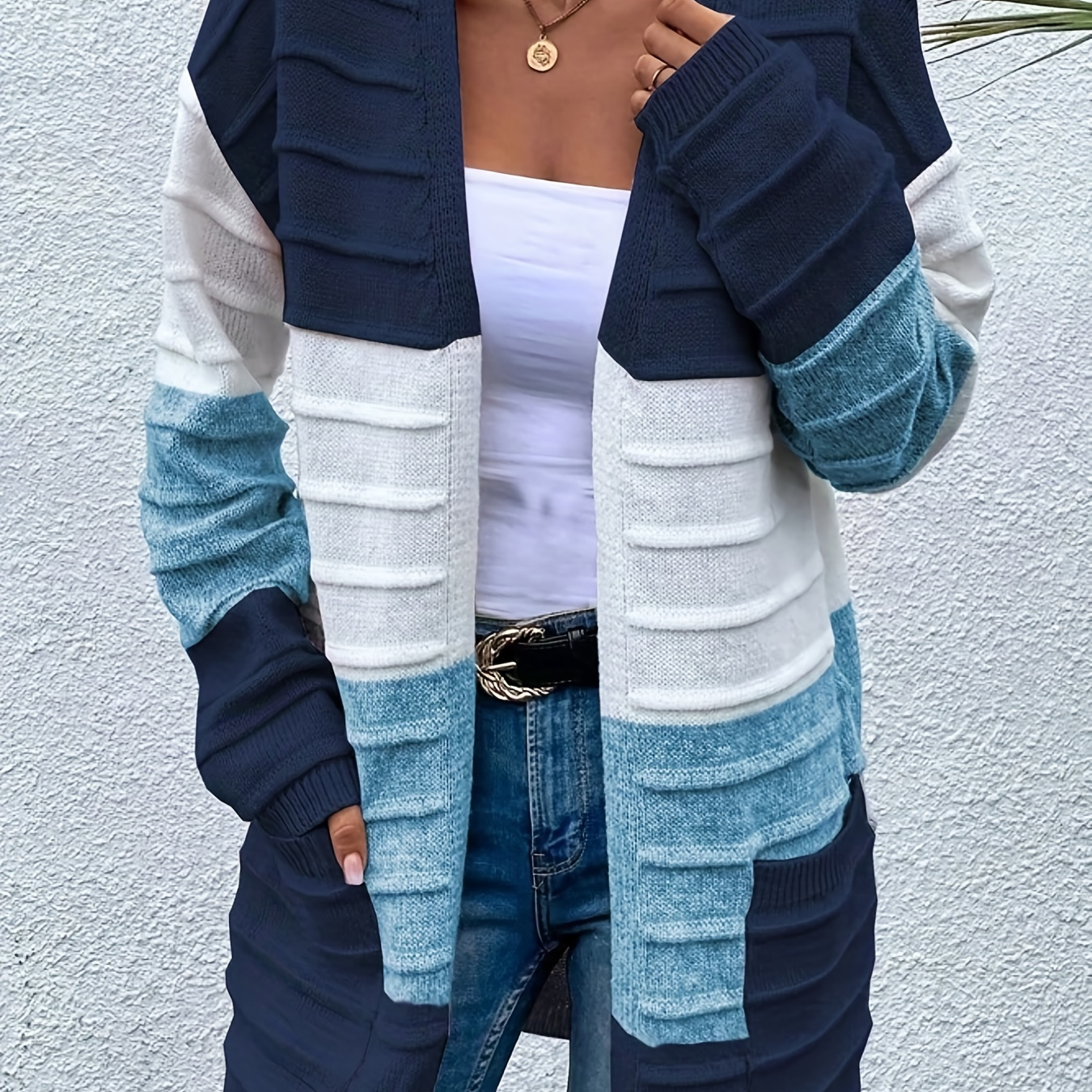 Plus Size Casual Cardigan, Women's Plus Colorblock Ribbed Long Sleeve Open Front Cardigan With Pockets