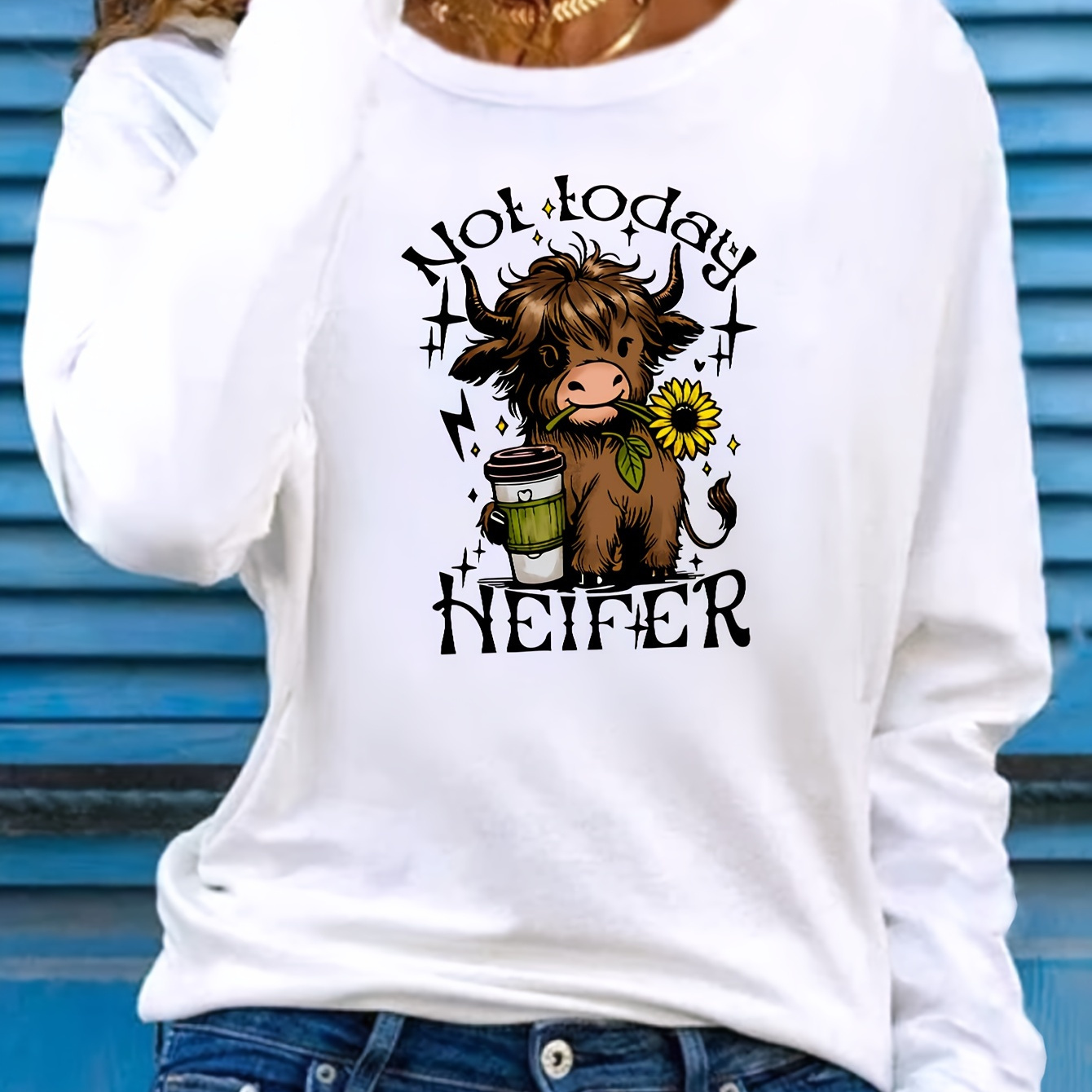 

Casual Polyester Crew Neck Long Sleeve T-shirt With "" Graphic Applique, Floral & Cow Print, Knit Fabric For All - 100% Polyester