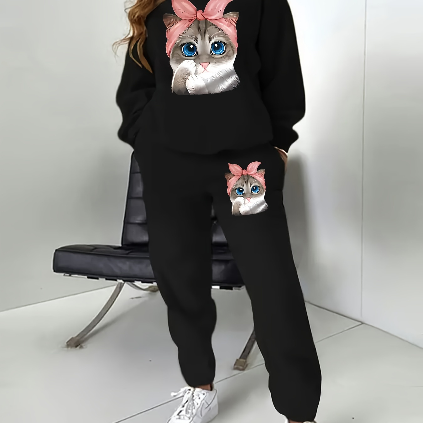 

Plus Size Cat Print Two-piece Set, Casual Crew Neck Long Sleeve Sweatshirt & Sweatpants Outfits, Women's Plus Size Clothing