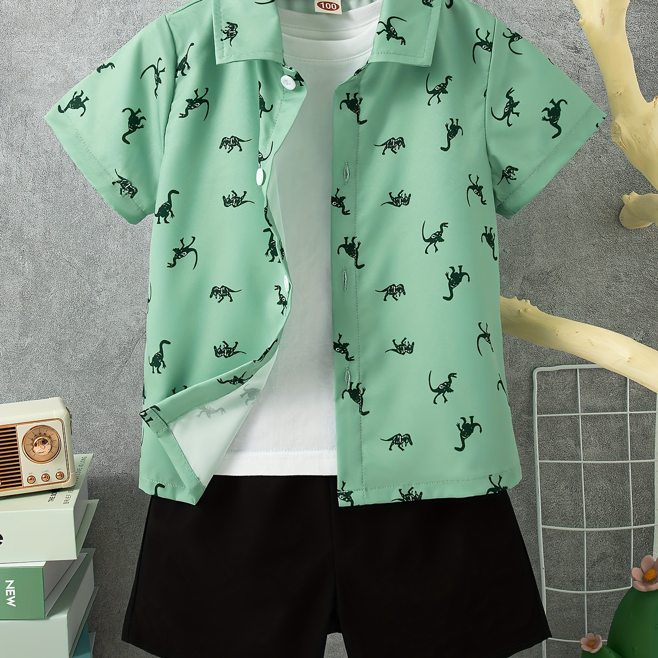 

2pcs Boys Casual Dinosaur Full Graphic Print Short Sleeve Lapel Shirt & Solid Color Shorts Set, Comfy Summer Boys Clothing
