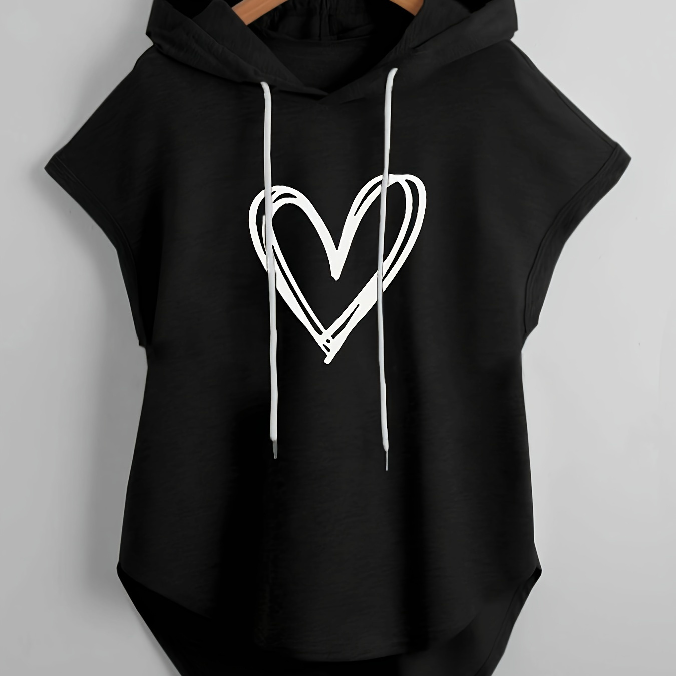 

Heart Print Hooded Drawstring T-shirt, Casual Short Sleeve Top For Spring & Summer, Women's Clothing